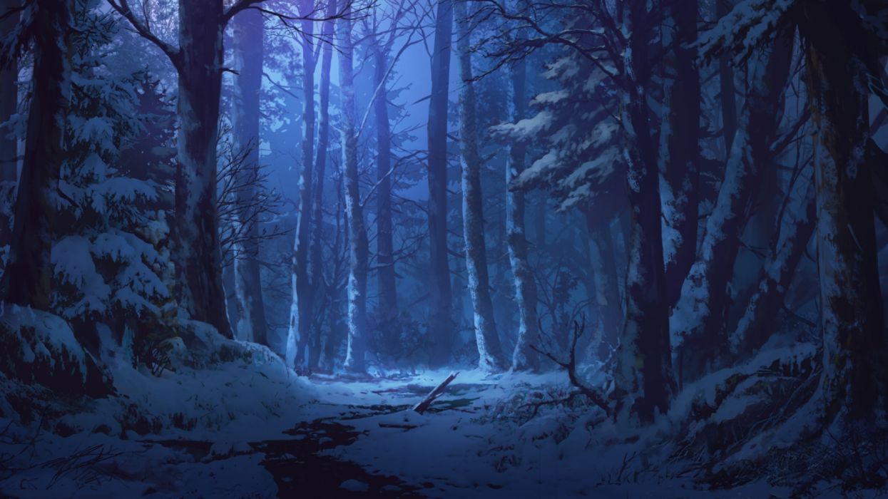 Winter forest night drawings snow widescreen wallpaperx1500