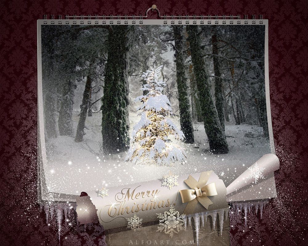 Fairy Christmas night, Magic wall calendar, falling snow effect, traditional christmas card., curled paper, corner effect, ripped paper, hole paper, light theme, classic theme style