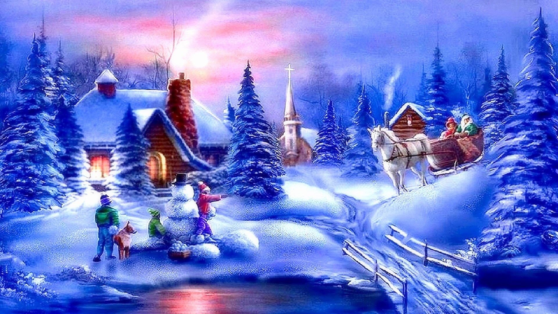 Carriage Greetings Winter Churches Creek Paintings Christmas Scenes HD Wallpaper