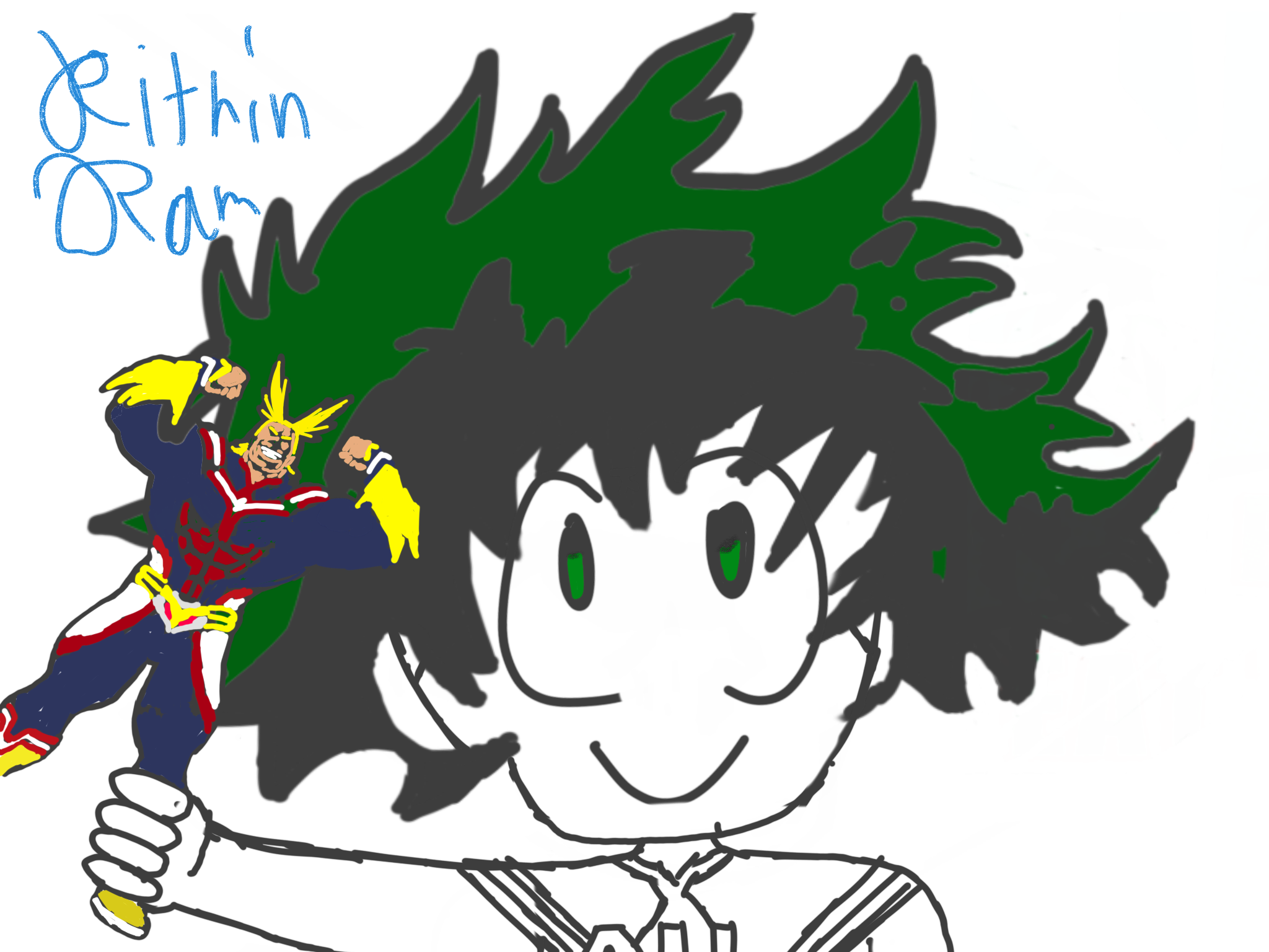 I draw little Deku with all migh action figure(all mighty action figure and deku's hair is copied)