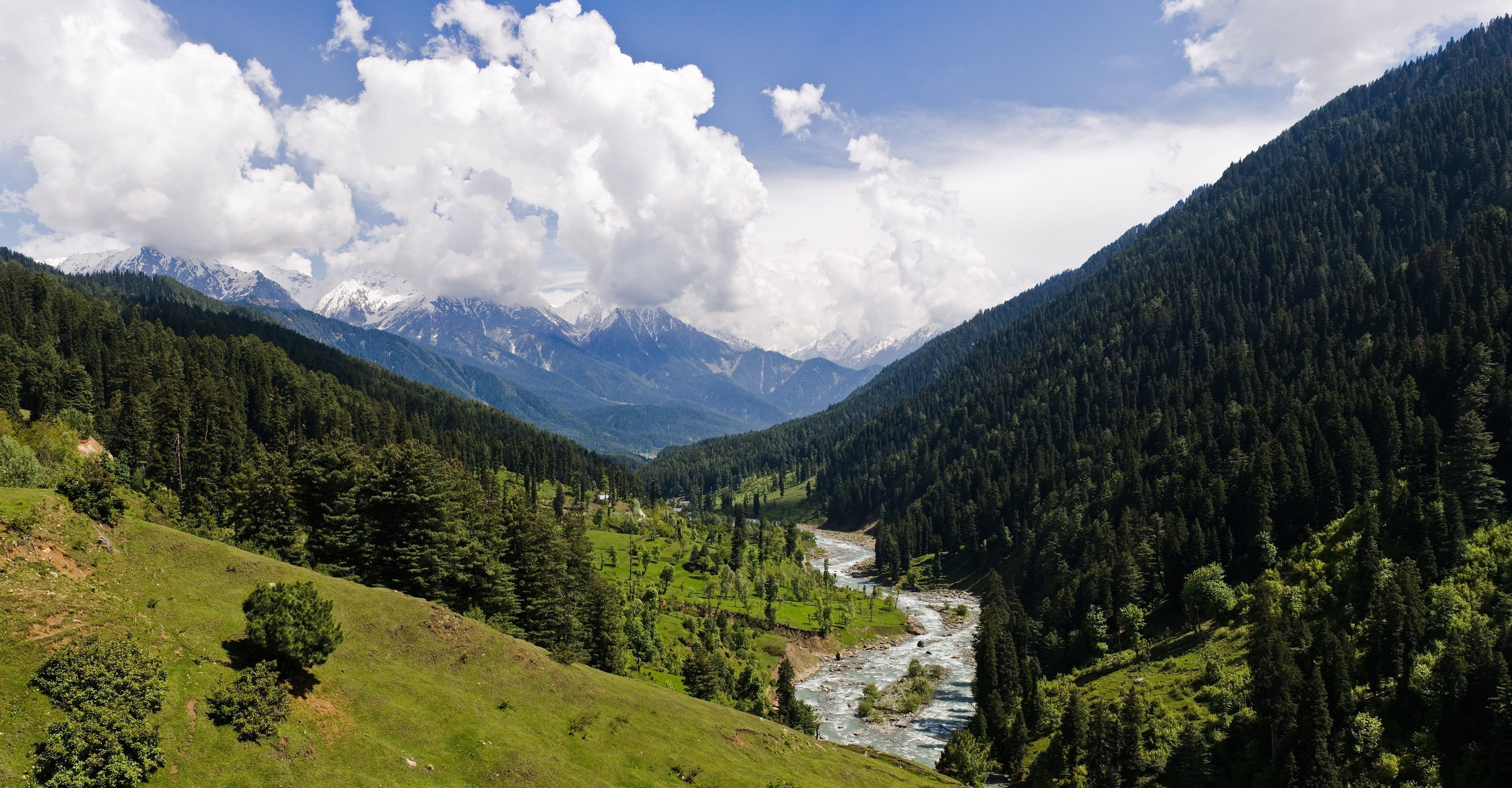 nature #landscape #valley #Kashmir #mountains #forest #grass #green snowy peak #clouds #river. Beautiful places to visit, Places to visit, Cool places to visit