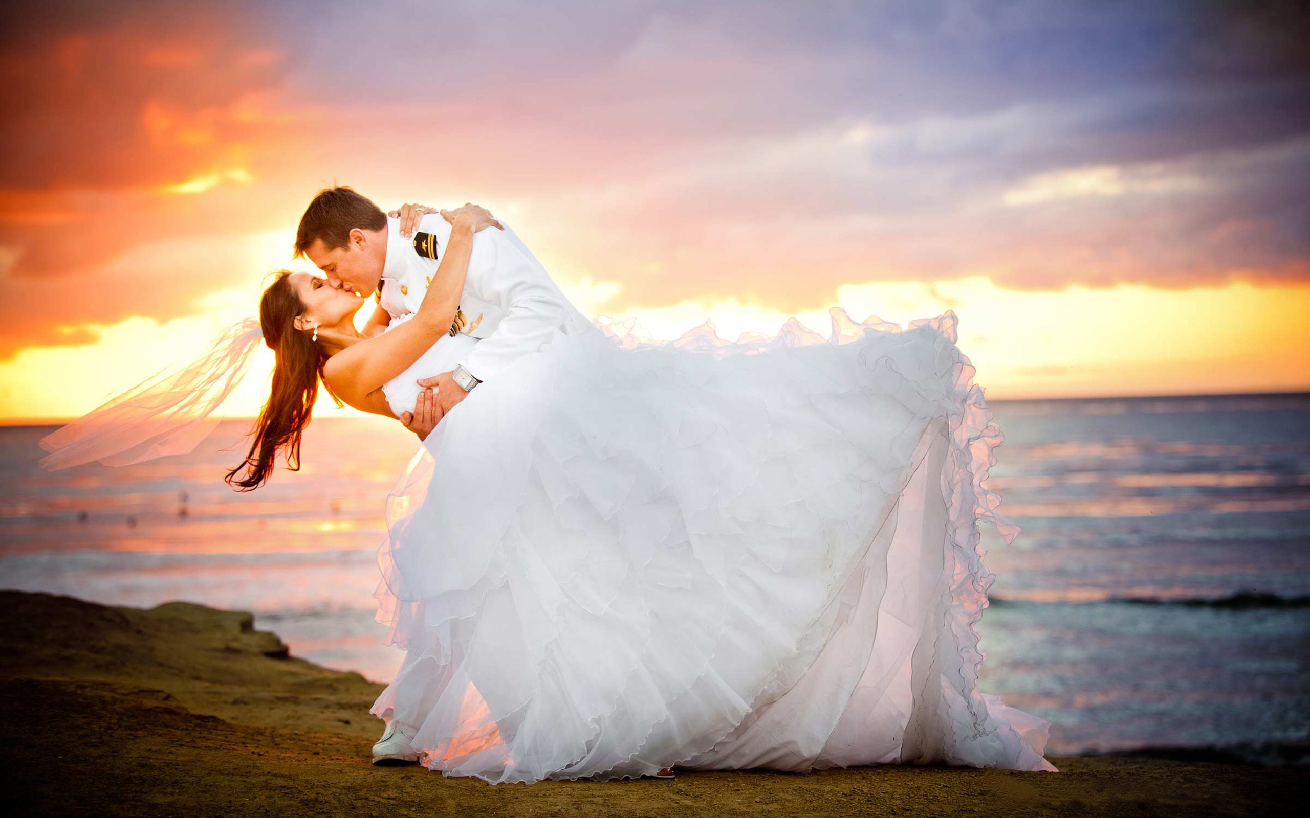 Just Married Loving Couple Bridal In Uniform Young Woman In Wedding Dress Sunset Beach Romantic Couple HD Wallpaper 2560x1600, Wallpaper13.com