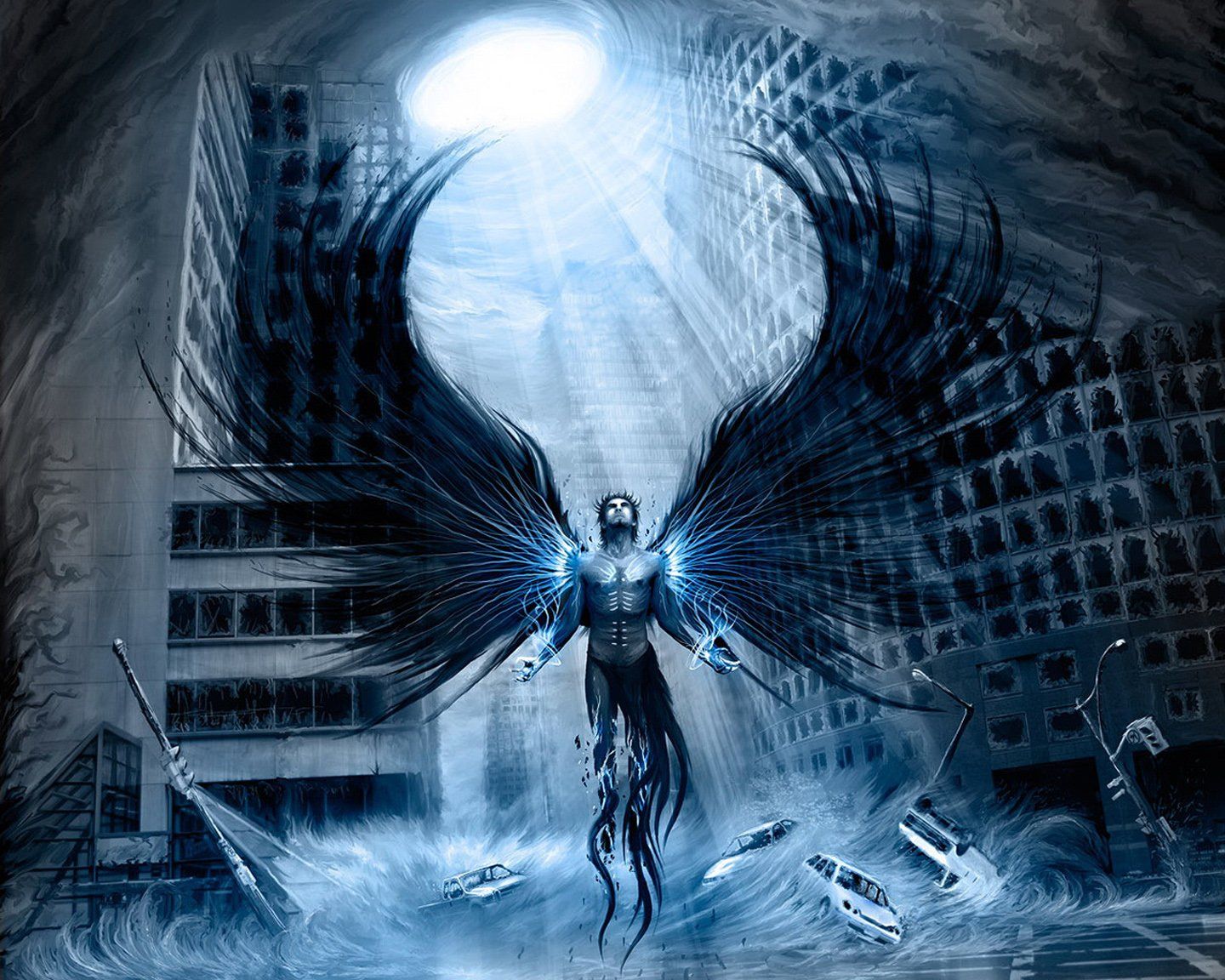 Dark blue demon angel city car fantasy chaos wallpaperx1152
