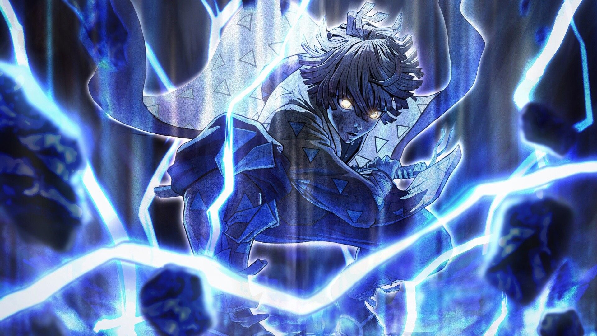 Demon Slayer Zenitsu Agatsuma Around Blue Lightning With Black Backgorund HD Anime Wallpaper