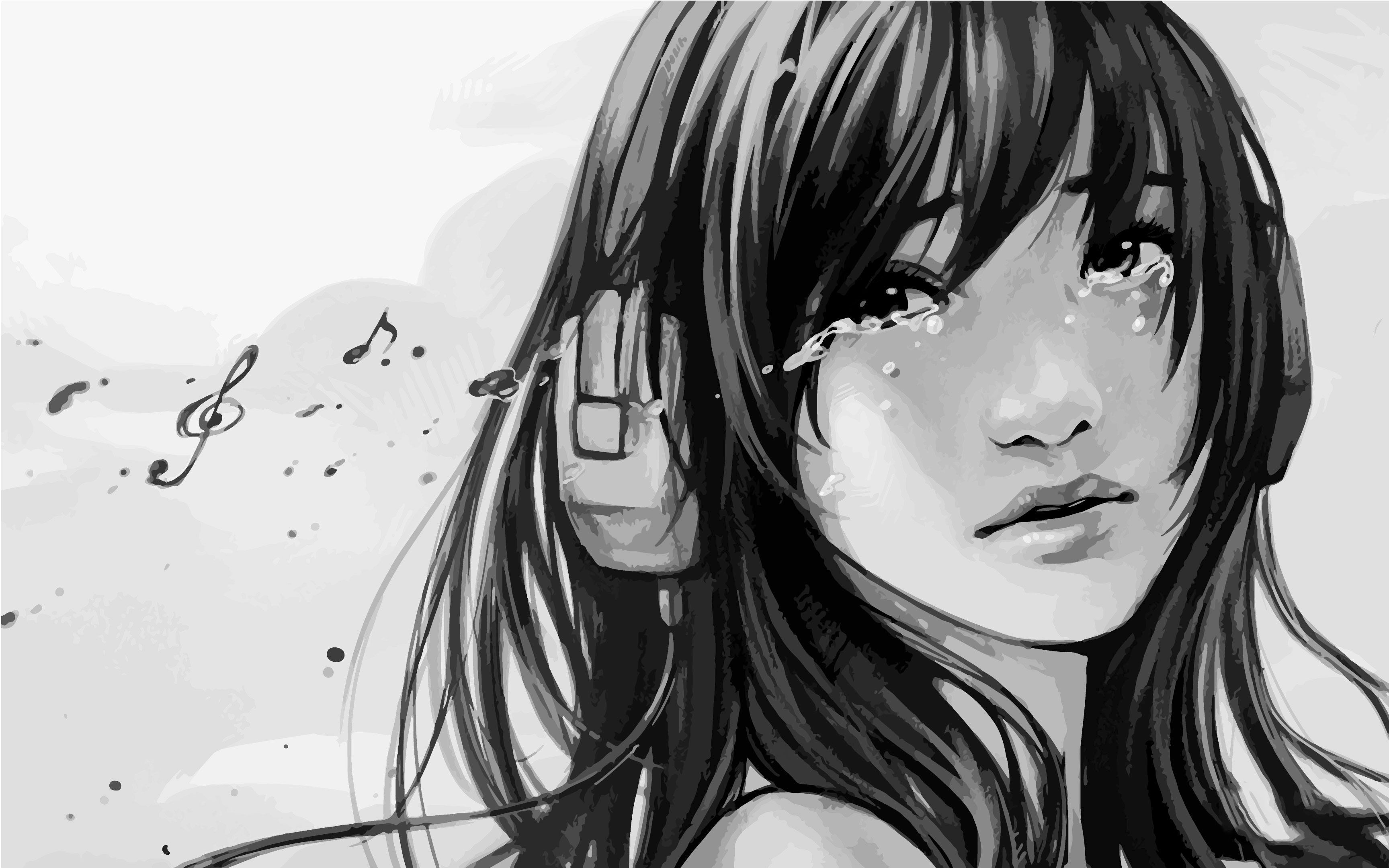 Black and White Anime Sad Girl Drawing