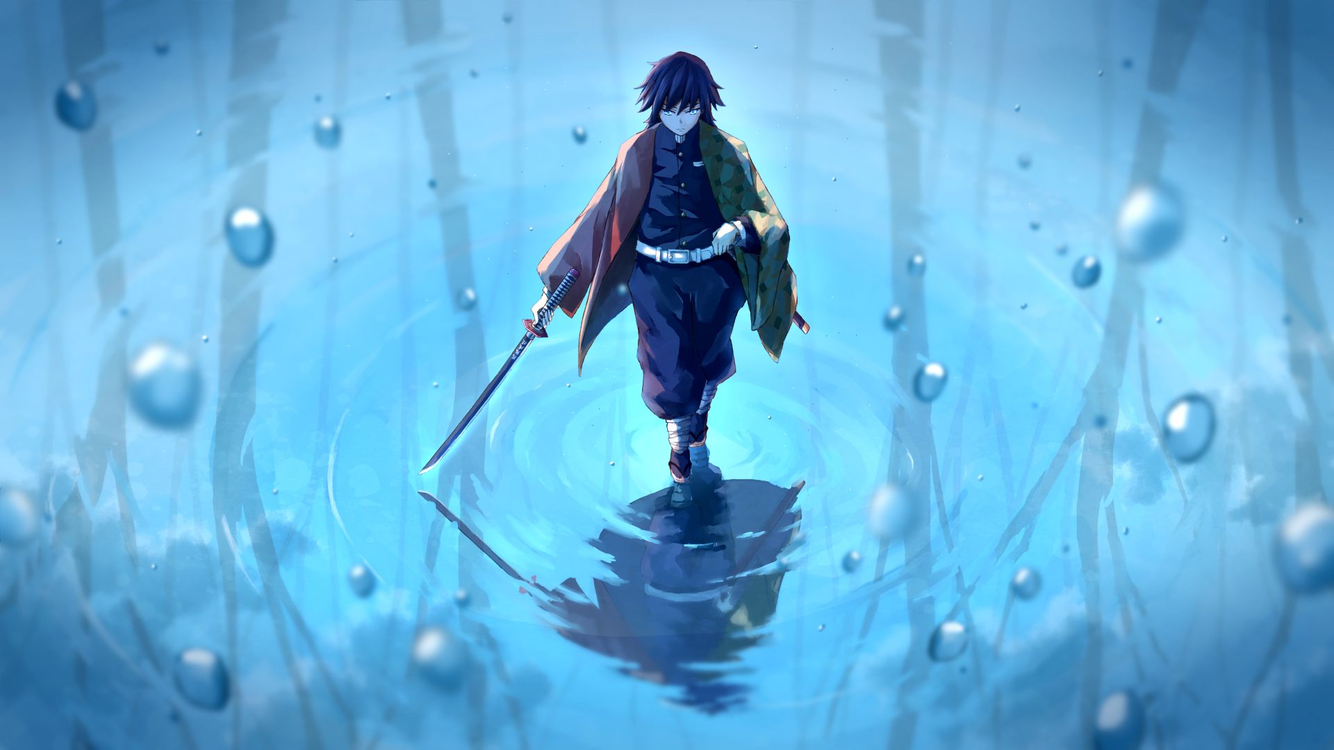 Demon Slayer Giyuu Tomioka With Sword Reflecting On Water With Background Of Blue Water And Bubbles HD Anime Wallpaper