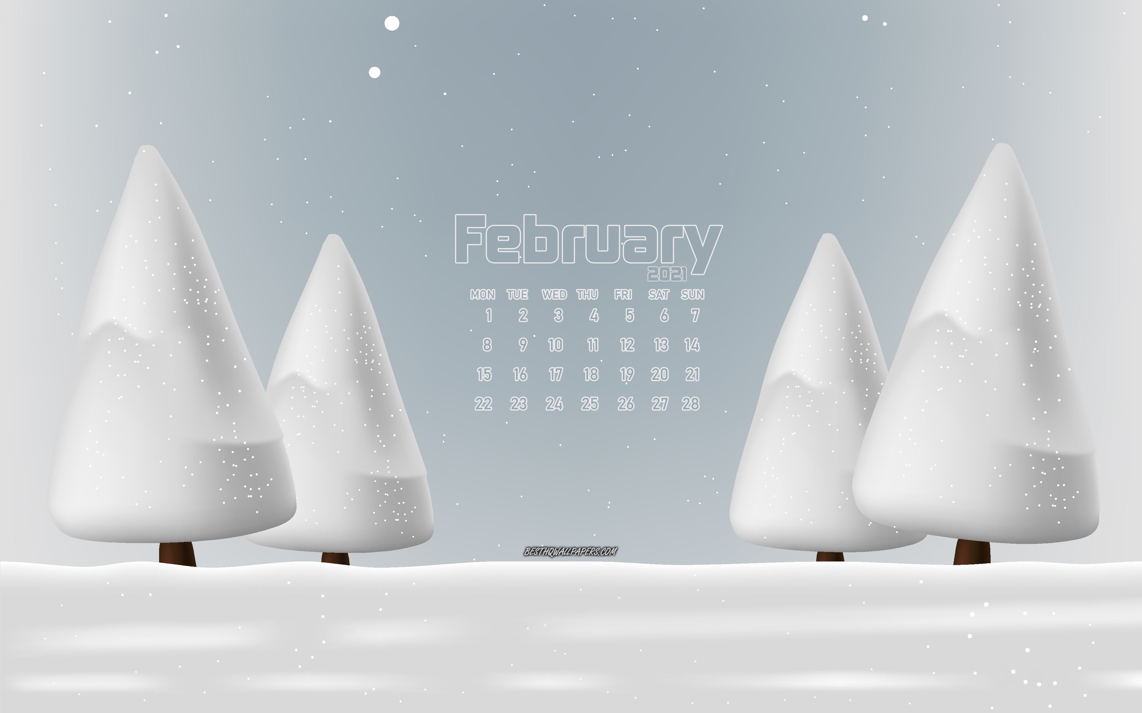 Download wallpaper 2021 February calendar, 4k, winter landscape, winter, snow, 2021 calendars, February, 2021 New Year, February 2021 Calendar for desktop with resolution 3840x2400. High Quality HD picture wallpaper