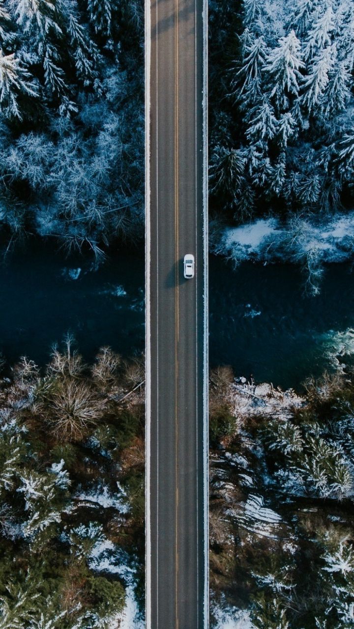 Aerial view, nature, road, bridge, river, 720x1280 wallpaper