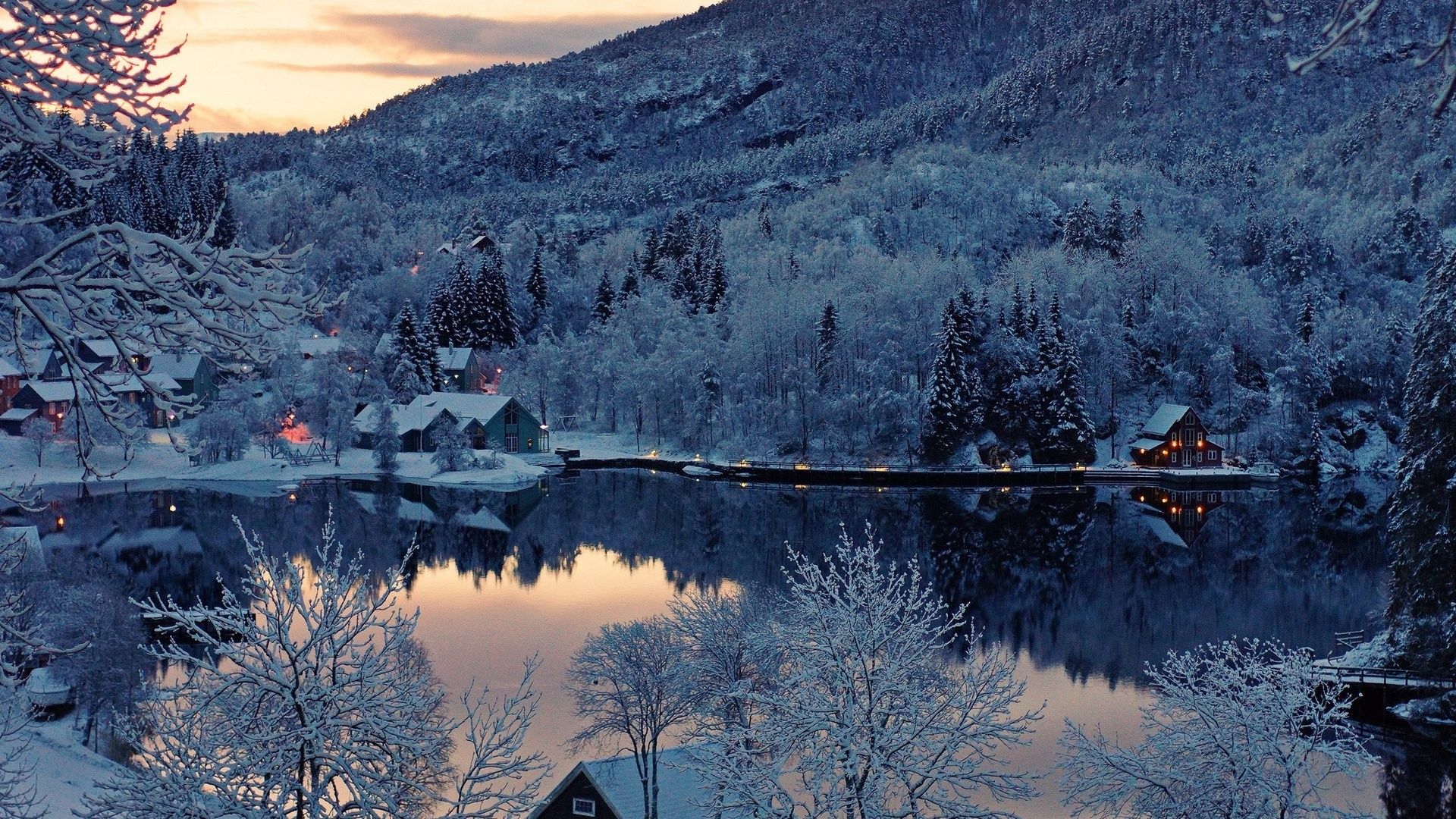 Snow Forest Houses & Lake desktop PC and Mac wallpaper