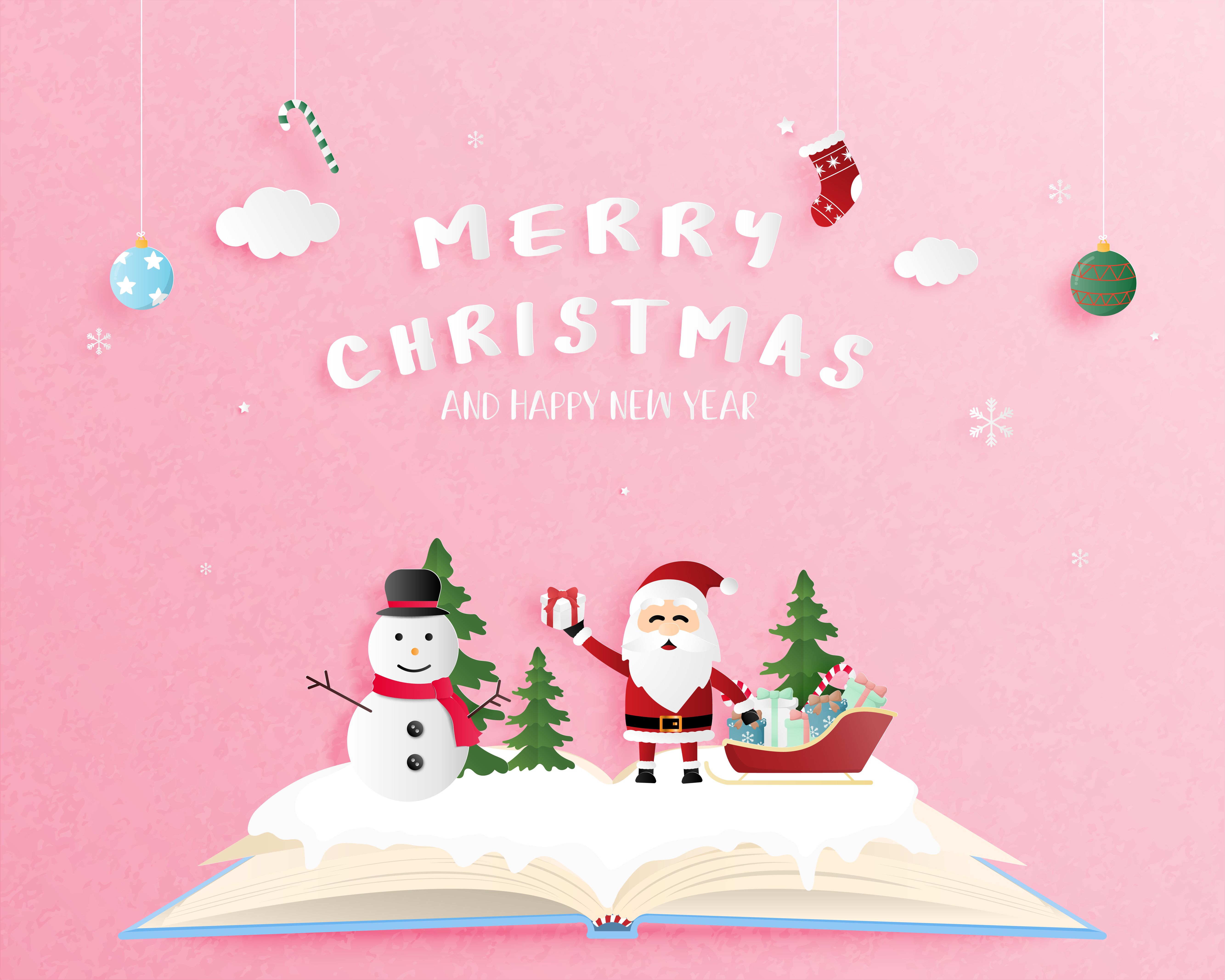 Merry Christmas and Happy new year greeting card in paper cut style. Vector illustration Christmas celebration background with snowman and Santa Claus. Banner, flyer, poster, wallpaper,. Free Vectors, Clipart