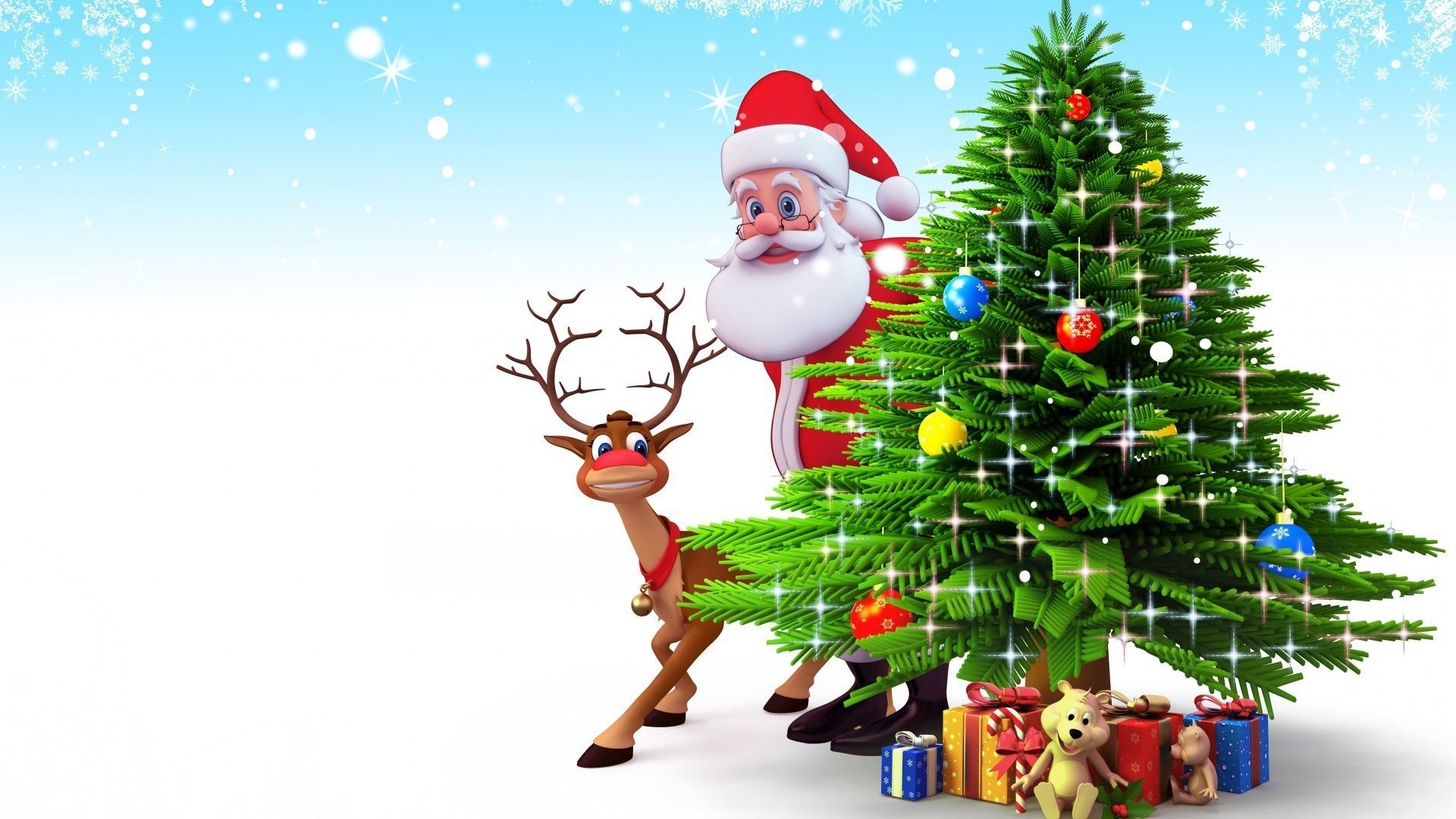 Christmas tree with gifts, Santa Claus and reindeer
