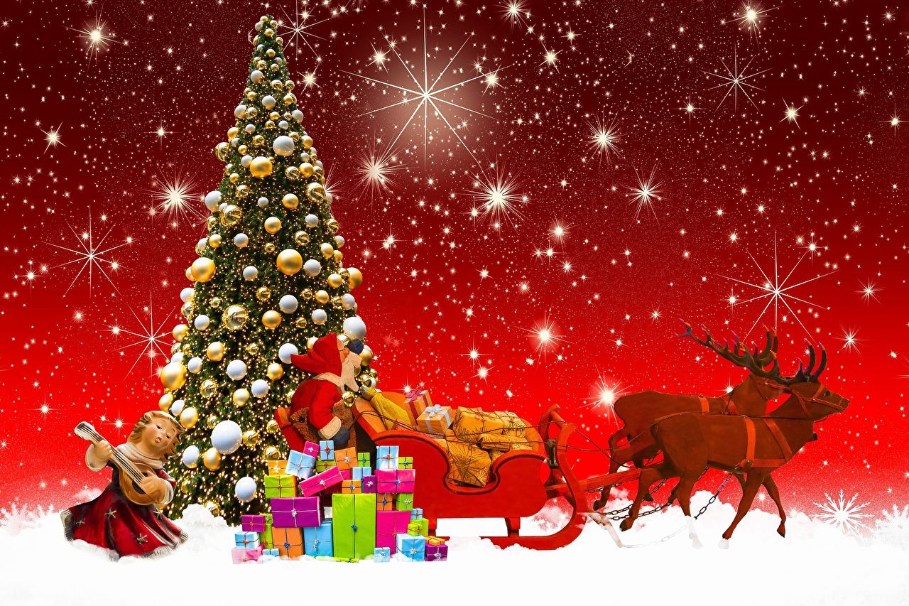 Desktop Wallpaper Deer Christmas Sled Santa Claus Christmas tree