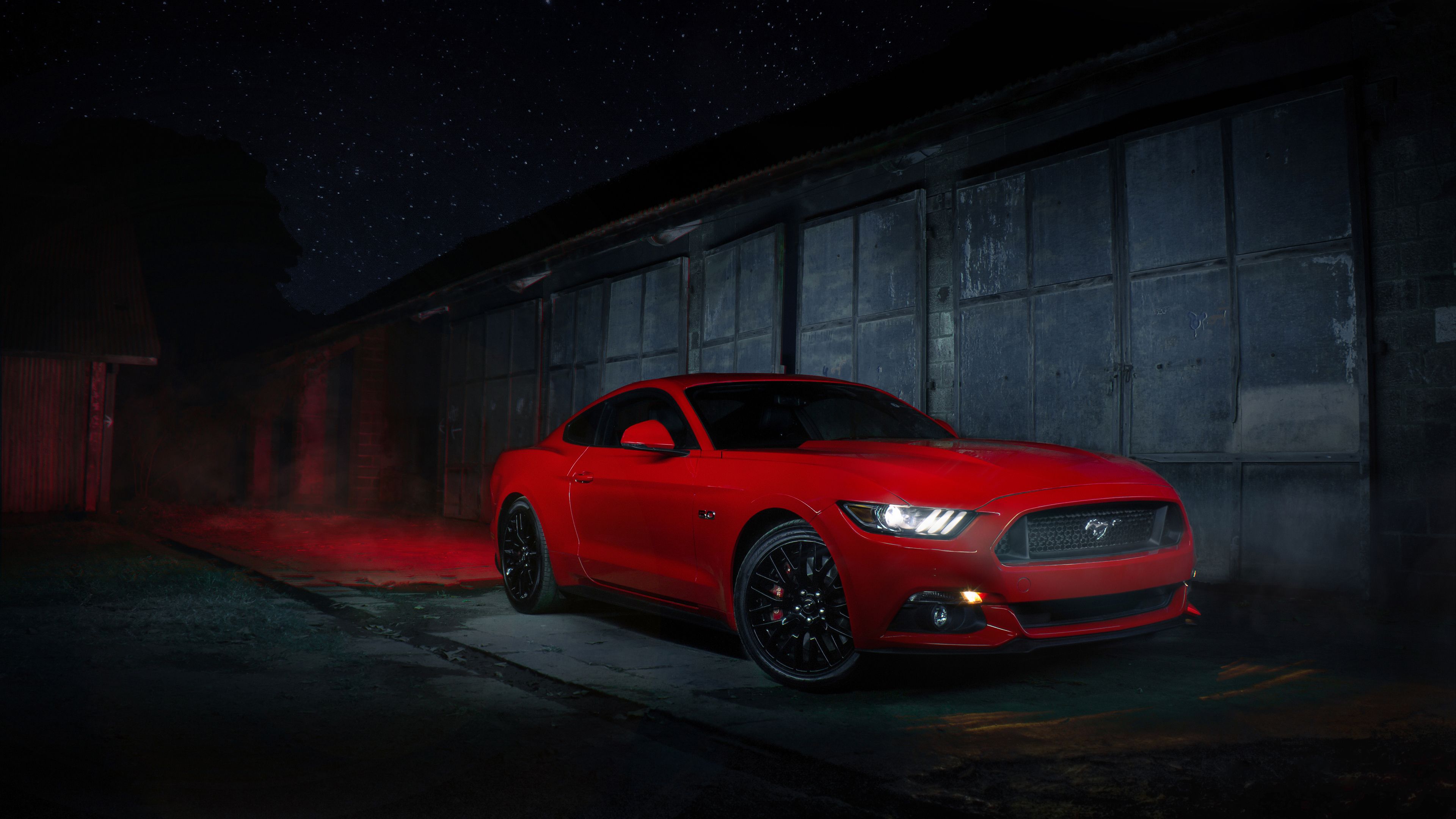 Red Ford Mustang near the wall at night wallpaper and image, picture, photo