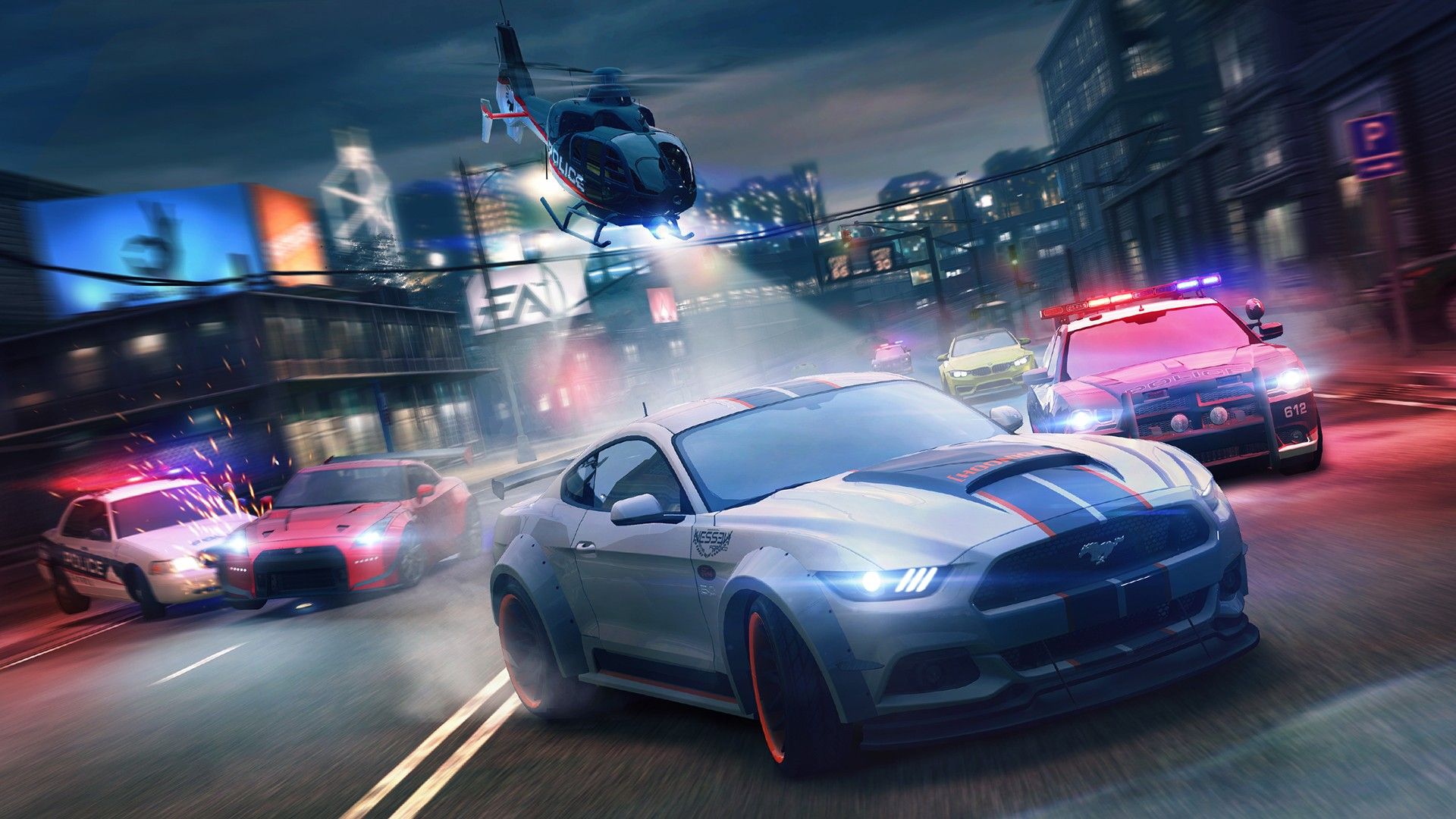 Need for Speed: No Limits, Video games, Night, City, Ford Mustang GT, Nissan GT R, BMW M Police cars, Tuning, Motion blur, Need for Speed Wallpaper HD / Desktop and Mobile Background