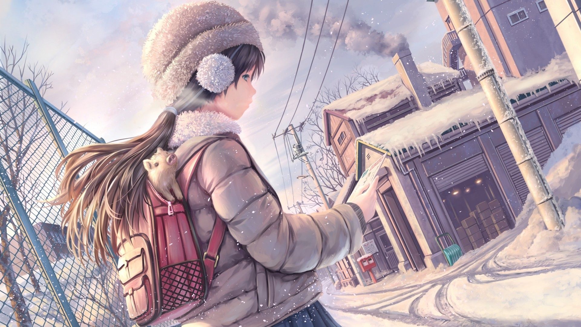 Download 1920x1080 Anime School Girl, Winter, Street, Snow, Smoke, Backpack Wallpaper for Widescreen