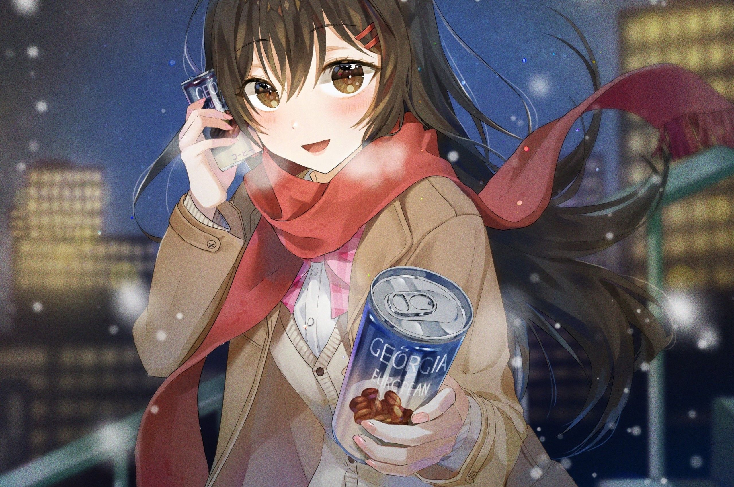 Download 2560x1700 Anime School Girl, Coffee, Cold, Winter, Black Hair, Red Scarf Wallpaper for Chromebook Pixel