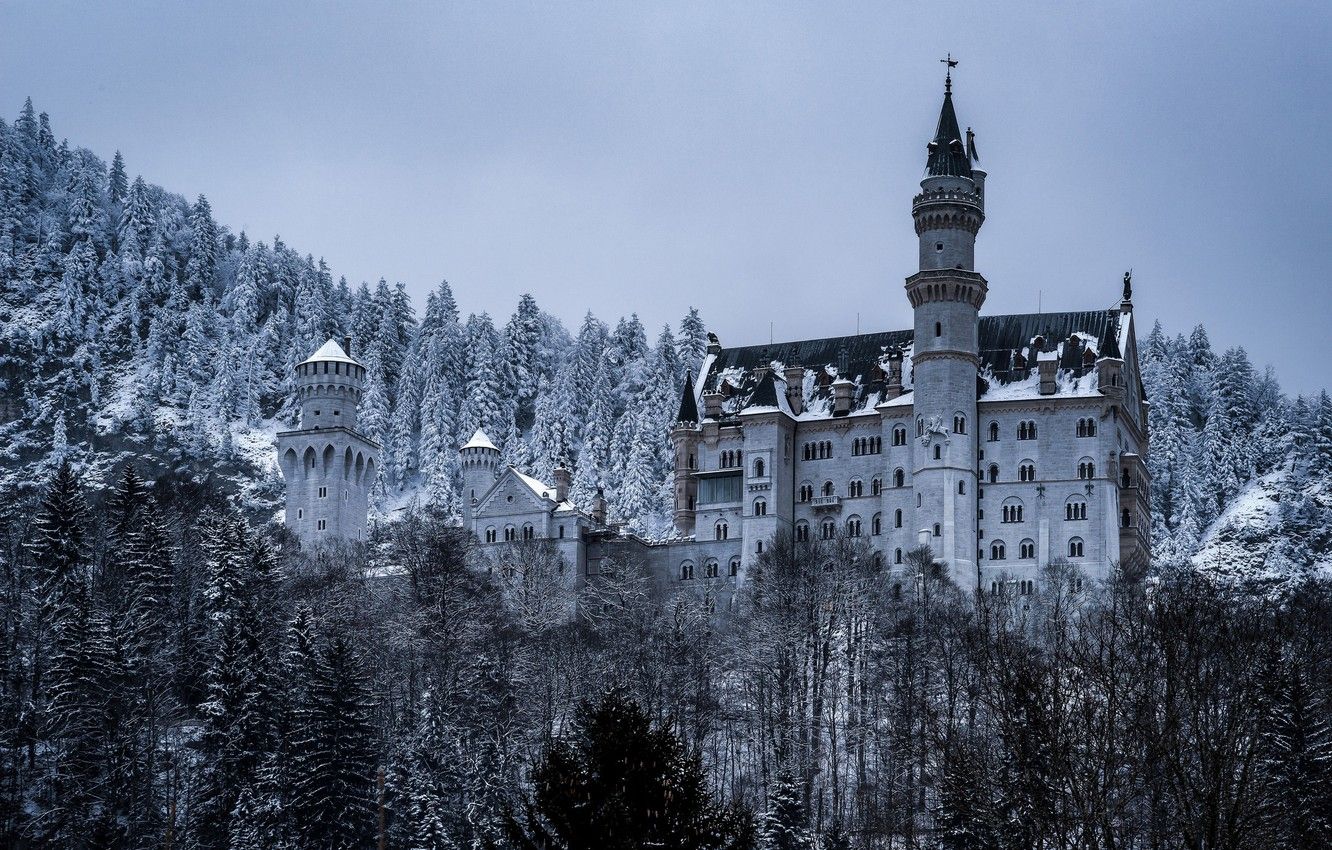 Wallpaper winter, forest, castle, Germany, Bayern, Germany, Bavaria, Neuschwanstein Castle, Neuschwanstein Castle, Schwangau, Schwangau image for desktop, section пейзажи
