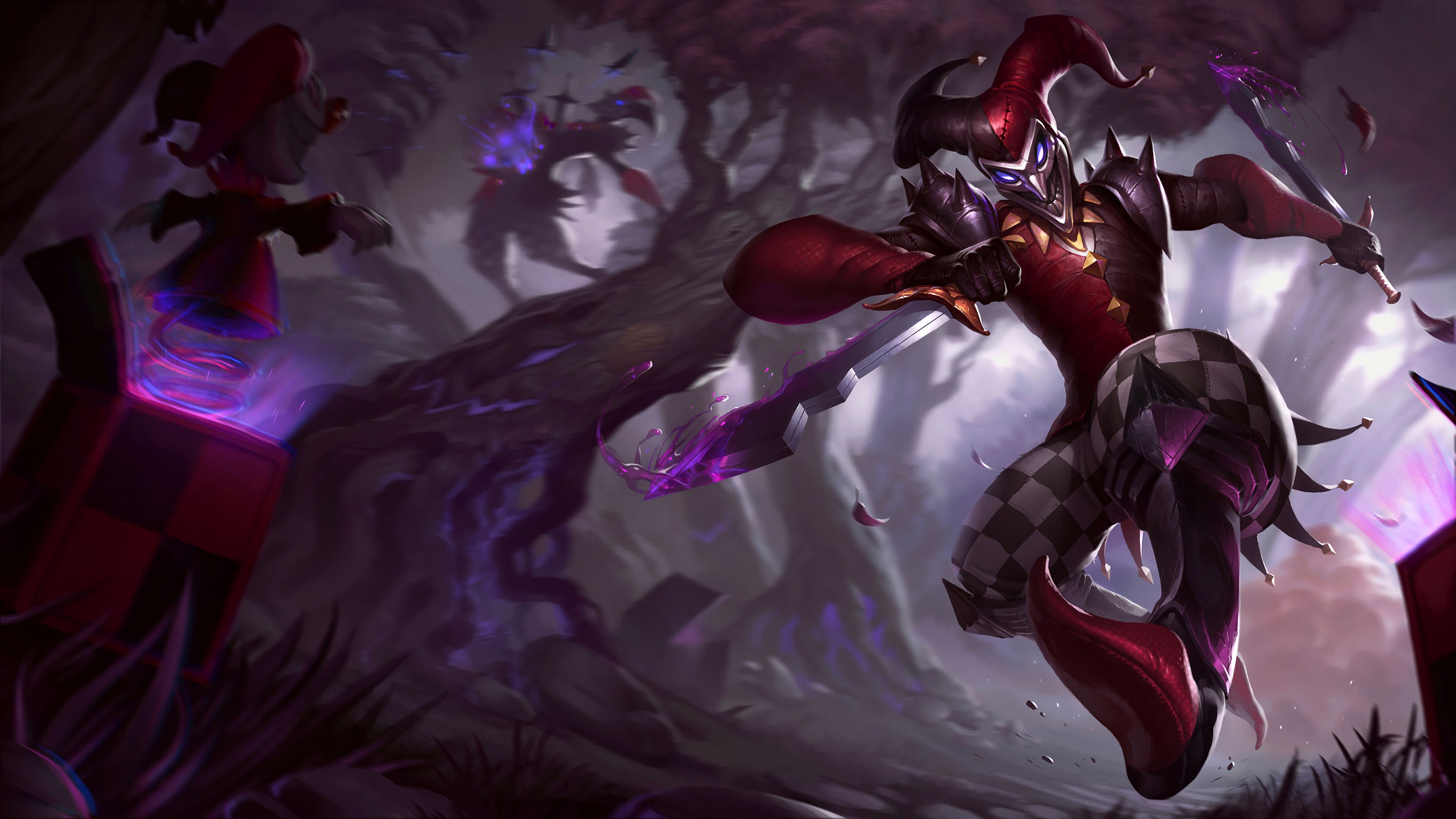 Shaco The Demon Jester Assassin Abilities Deceive Two Shiv Poison Jack In The Box League Of Legends Art Wallpaper HD 3840x2160, Wallpaper13.com