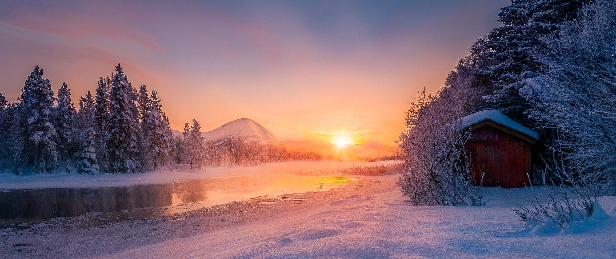 nature, Landscape, Sunrise, Winter, River, Mountain, Snow, Forest, Cabin, Cold, Sun Rays, Norway, Meditation, Calm Wallpaper HD / Desktop and Mobile Background