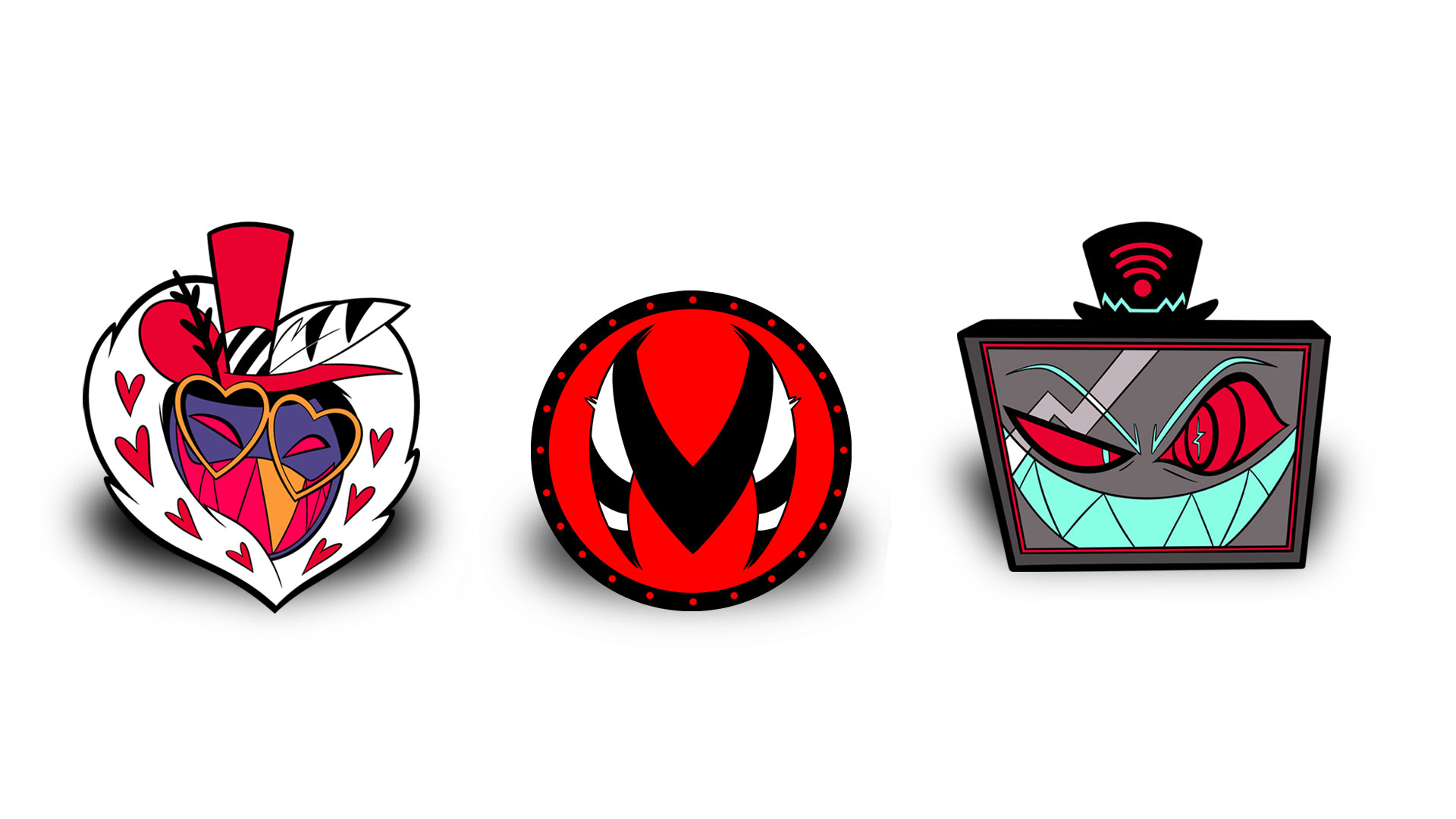 Hazbin Hotel UPDATE: Valentino, Vox, and IMP logo pins have all been restocked! Get them only