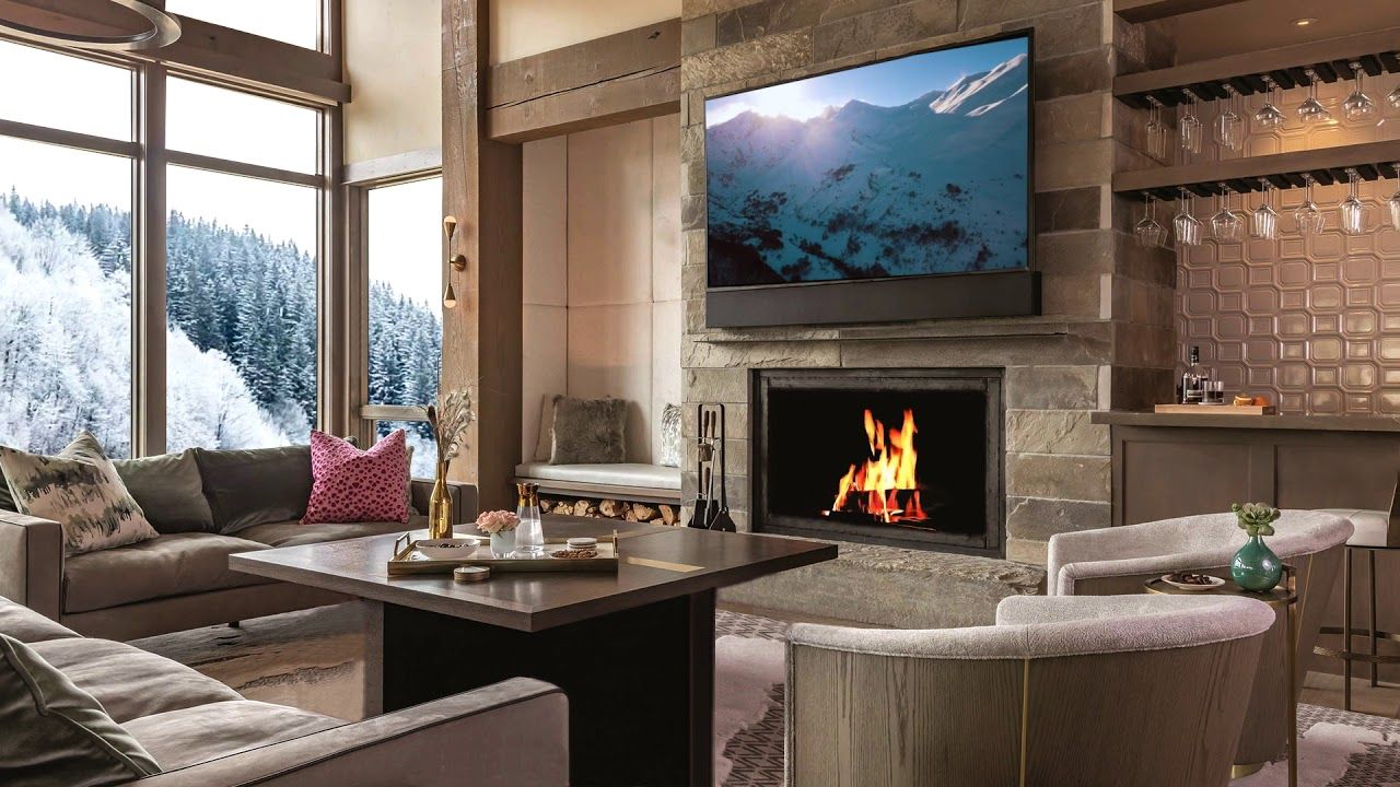 HD Snow Fall Fireplace with Snow Mountain & Skiing Screensaver crackling sound only
