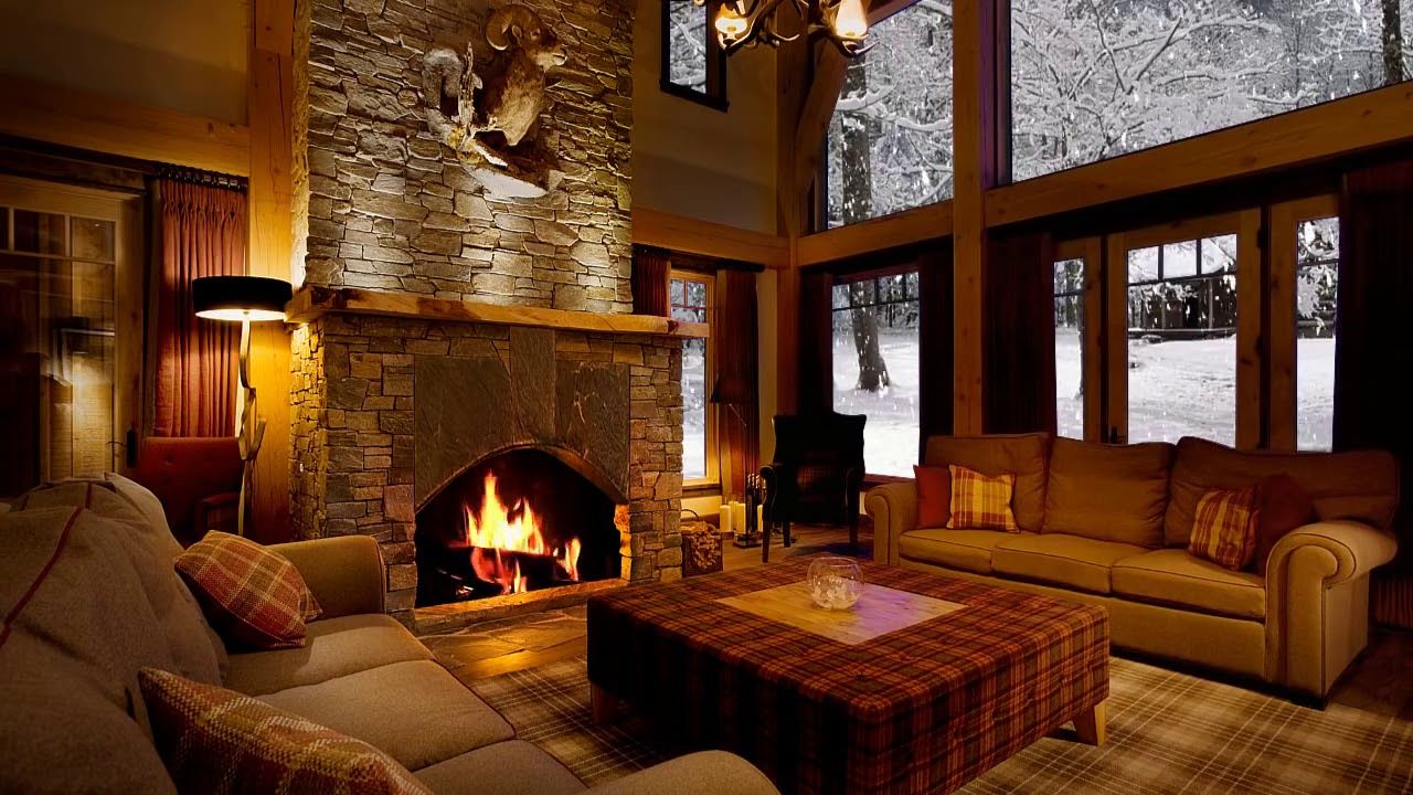 At the Cabin Snow with Fireplace Sound HD