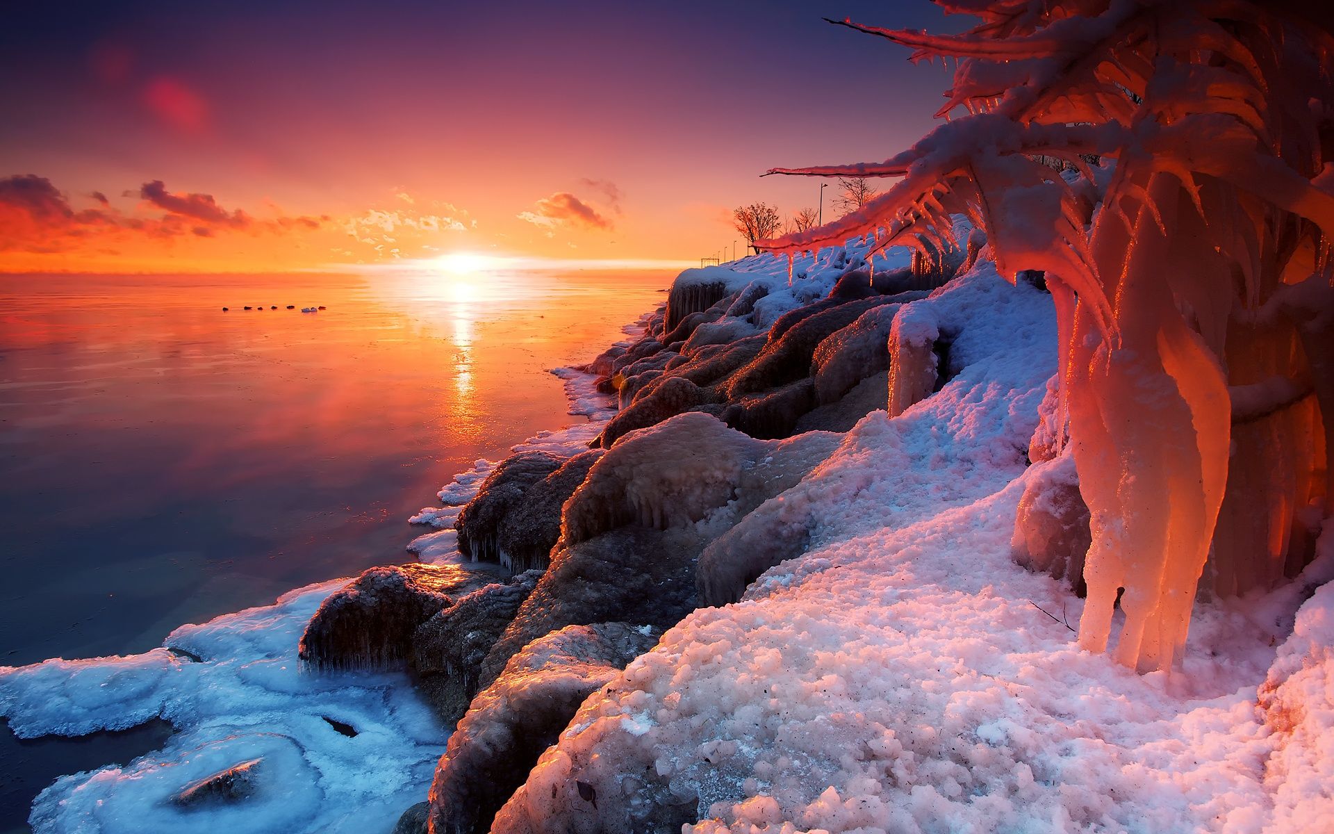 Wallpaper Beautiful winter sunrise, lake, ice, snow 1920x1200 HD Picture, Image