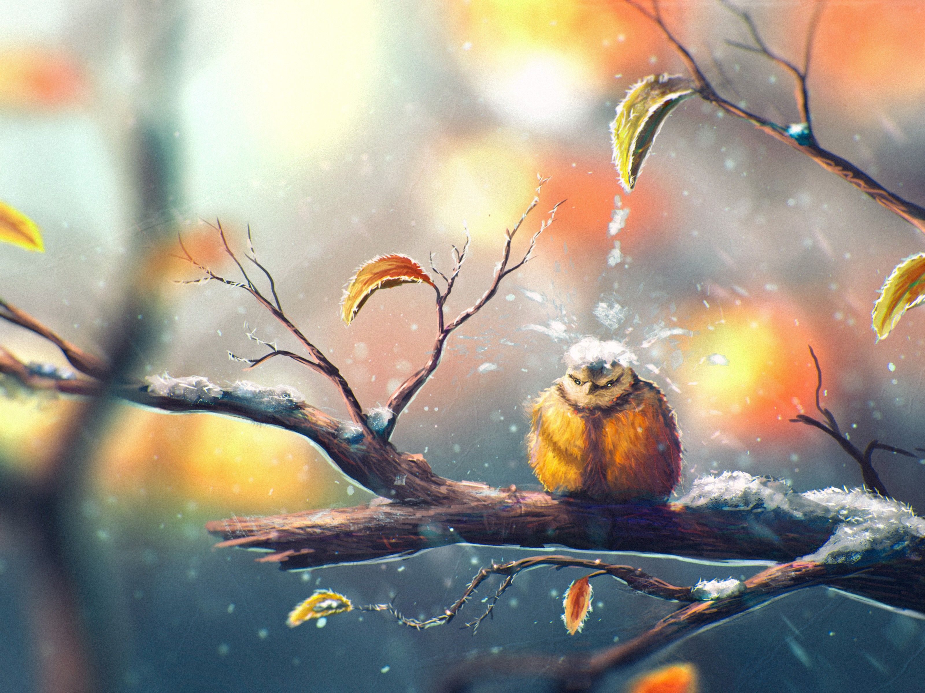 winter, snow, titmouse, nature, animals, birds, leaves, drawing wallpaper
