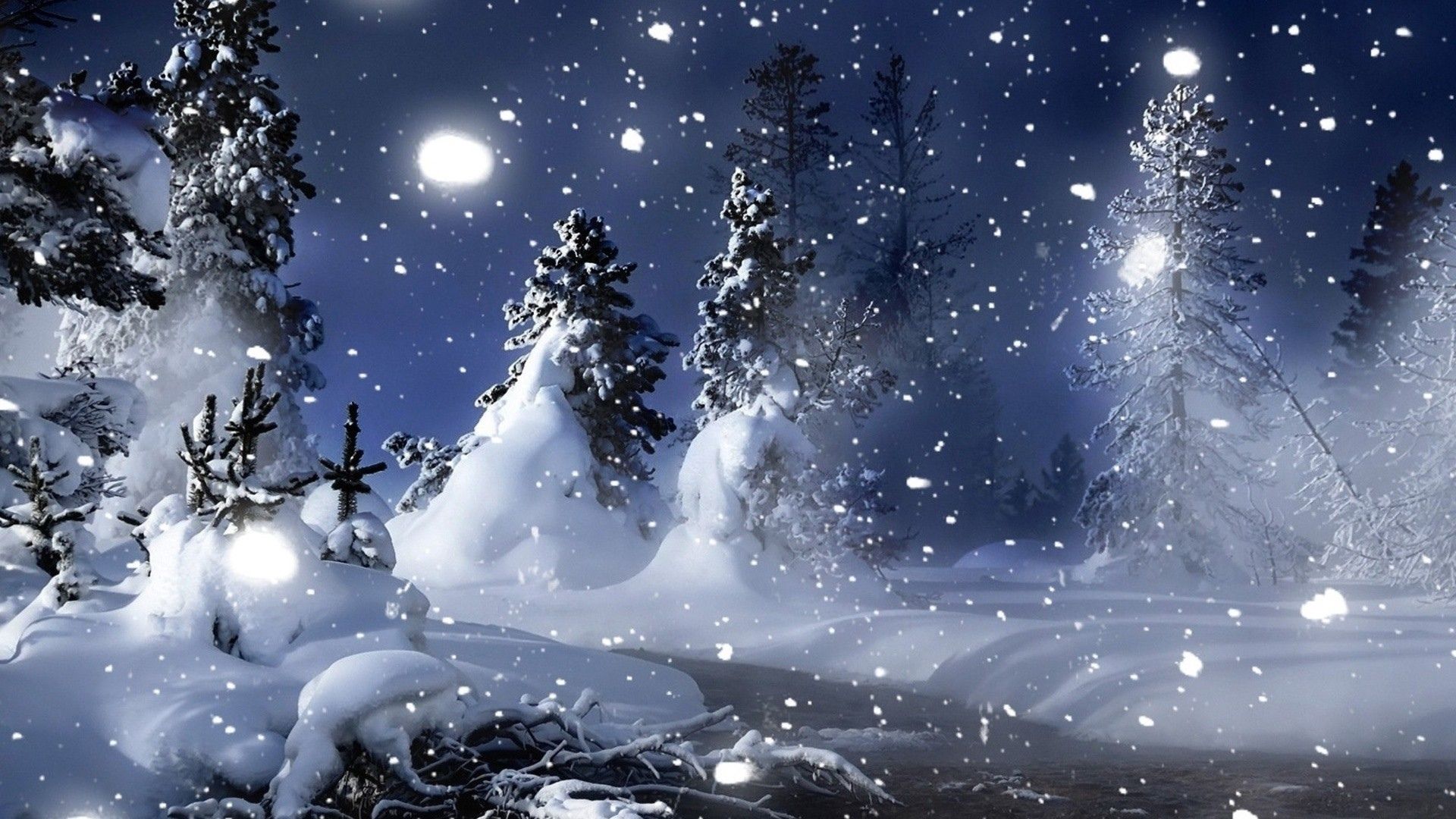 Xmas Trees Snowing Snowflakes Wallpaper Winter Night Wallpaper & Background Download