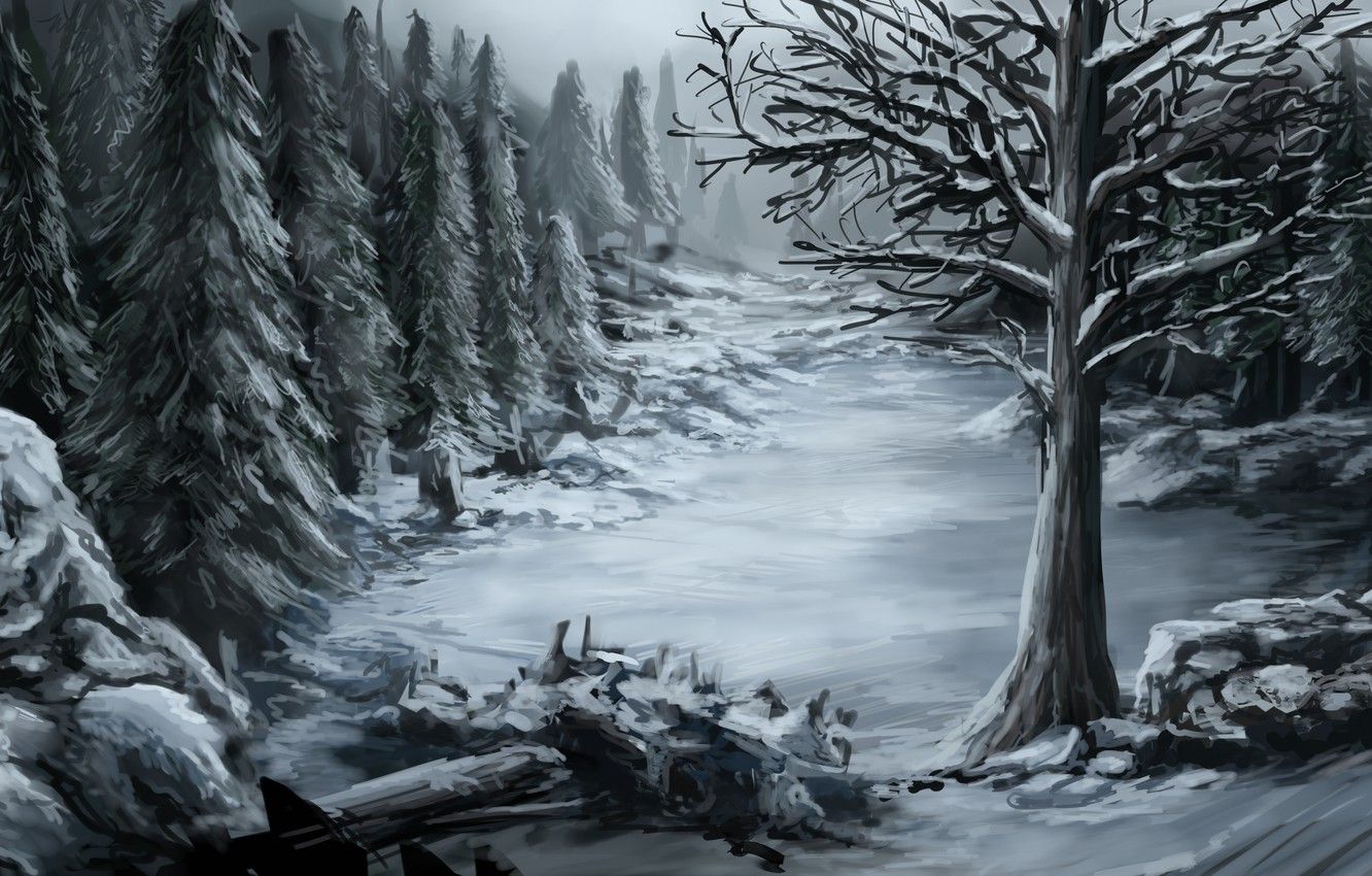 Wallpaper cold, winter, forest, snow, nature, stones, tree, art image for desktop, section живопись