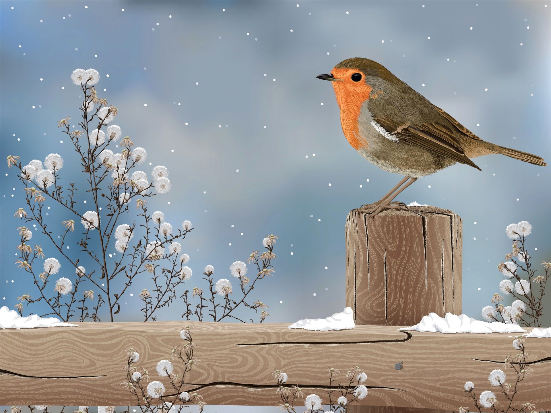 Wallpaper Art drawing, sparrow, bird, winter, snow 1920x1440 HD Picture, Image