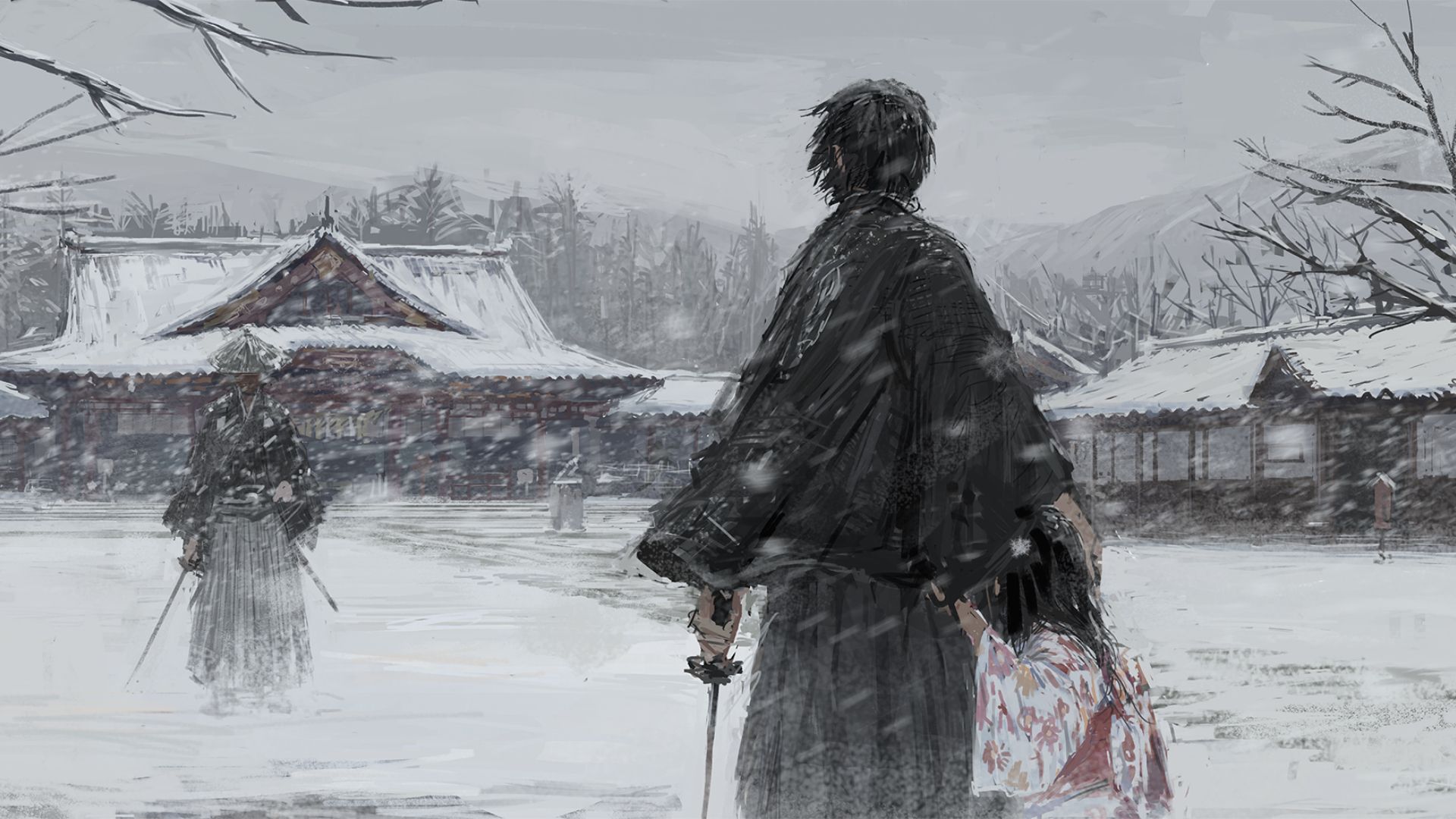 Samurai Warrior in Winter Illustration iPad Air Wallpaper, HD Fantasy 4K Wallpaper, Image, Photo and Background