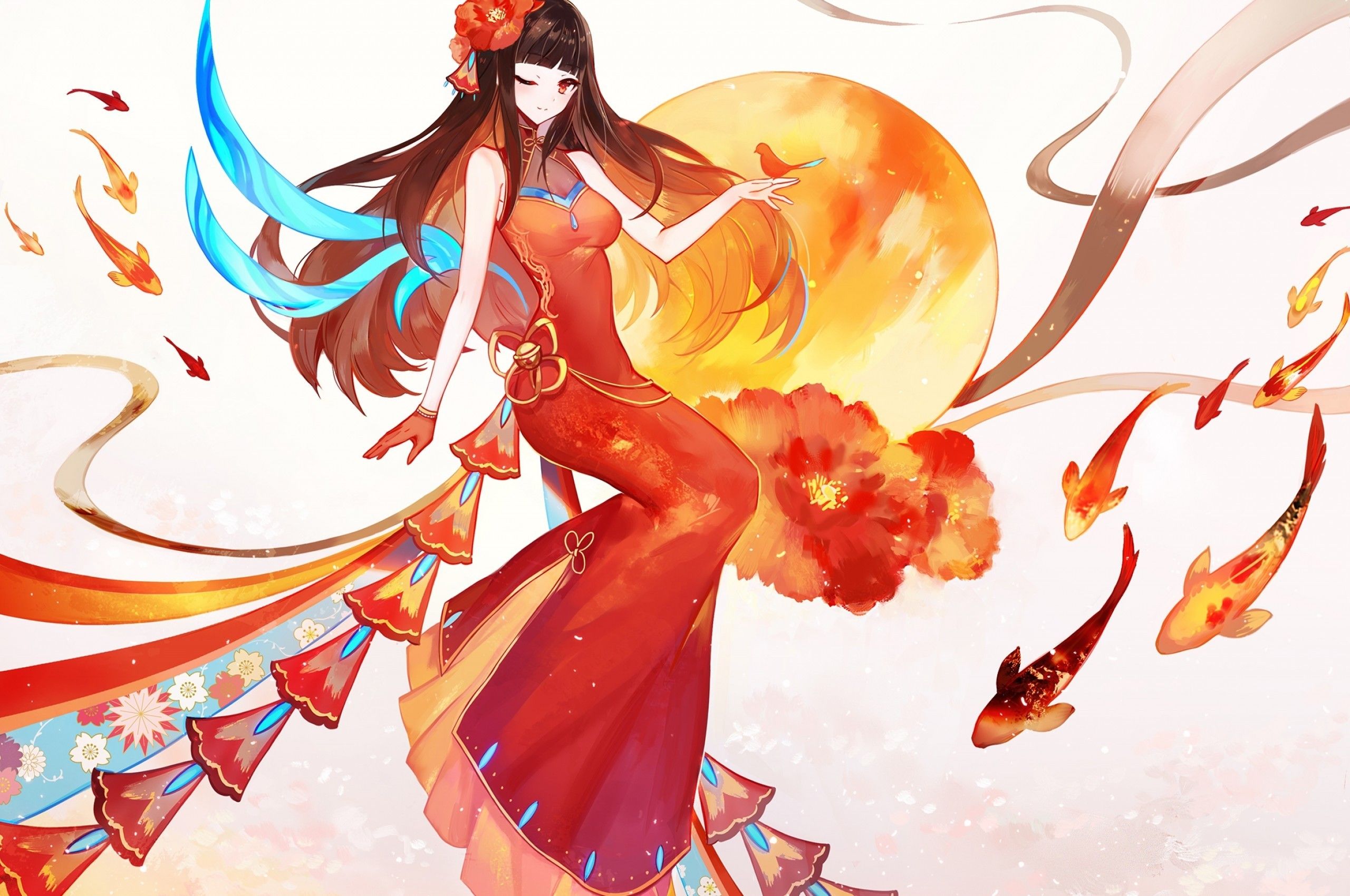 Download 2560x1700 Anime Girl, Chinese Clothes, Lunar New Year, Holiday, Wink Wallpaper for Chromebook Pixel