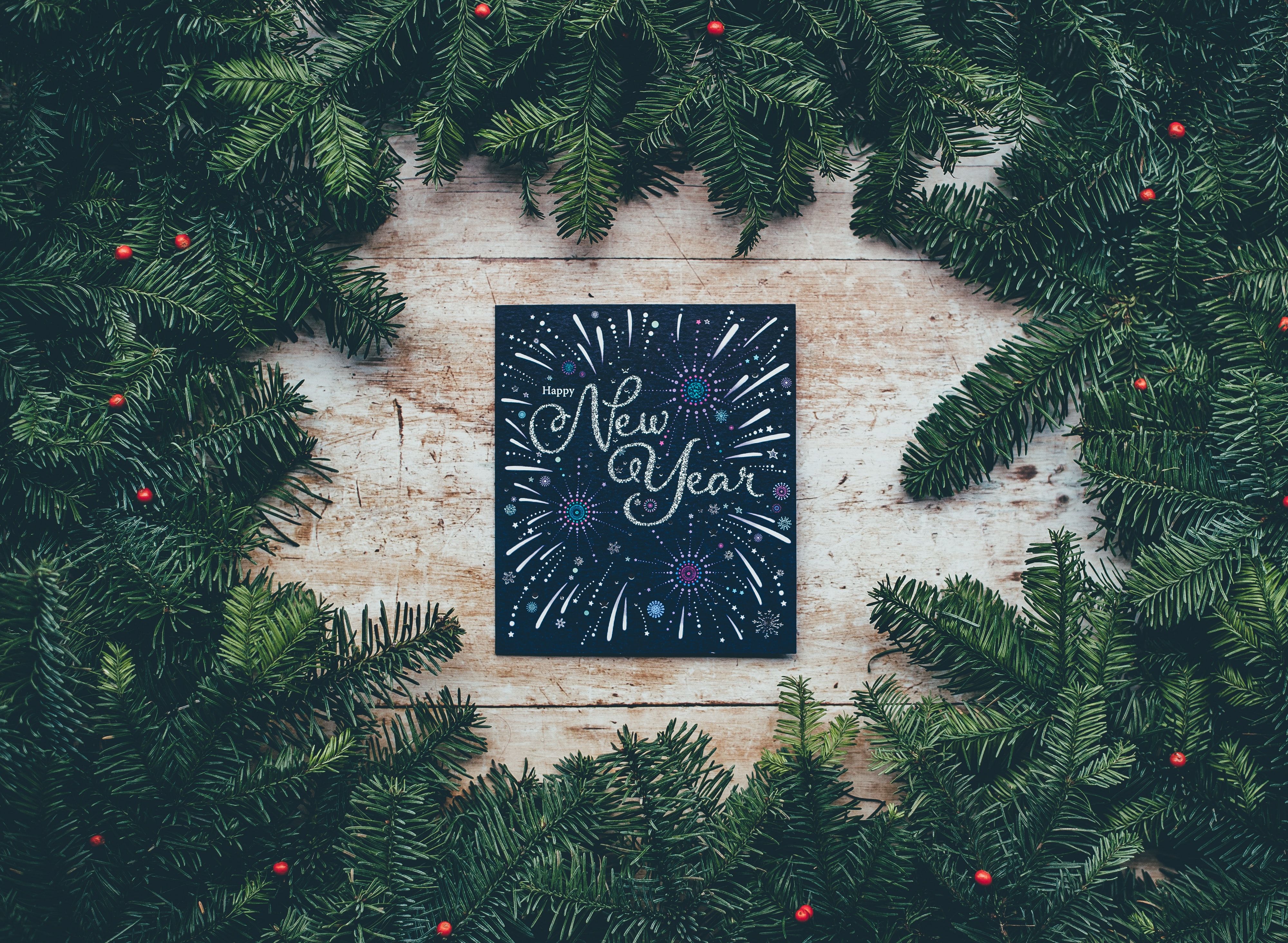 Happy New Year 4K Wallpaper, Christmas Decoration, Christmas Tree, Branches, Wooden Background, Celebrations New Year