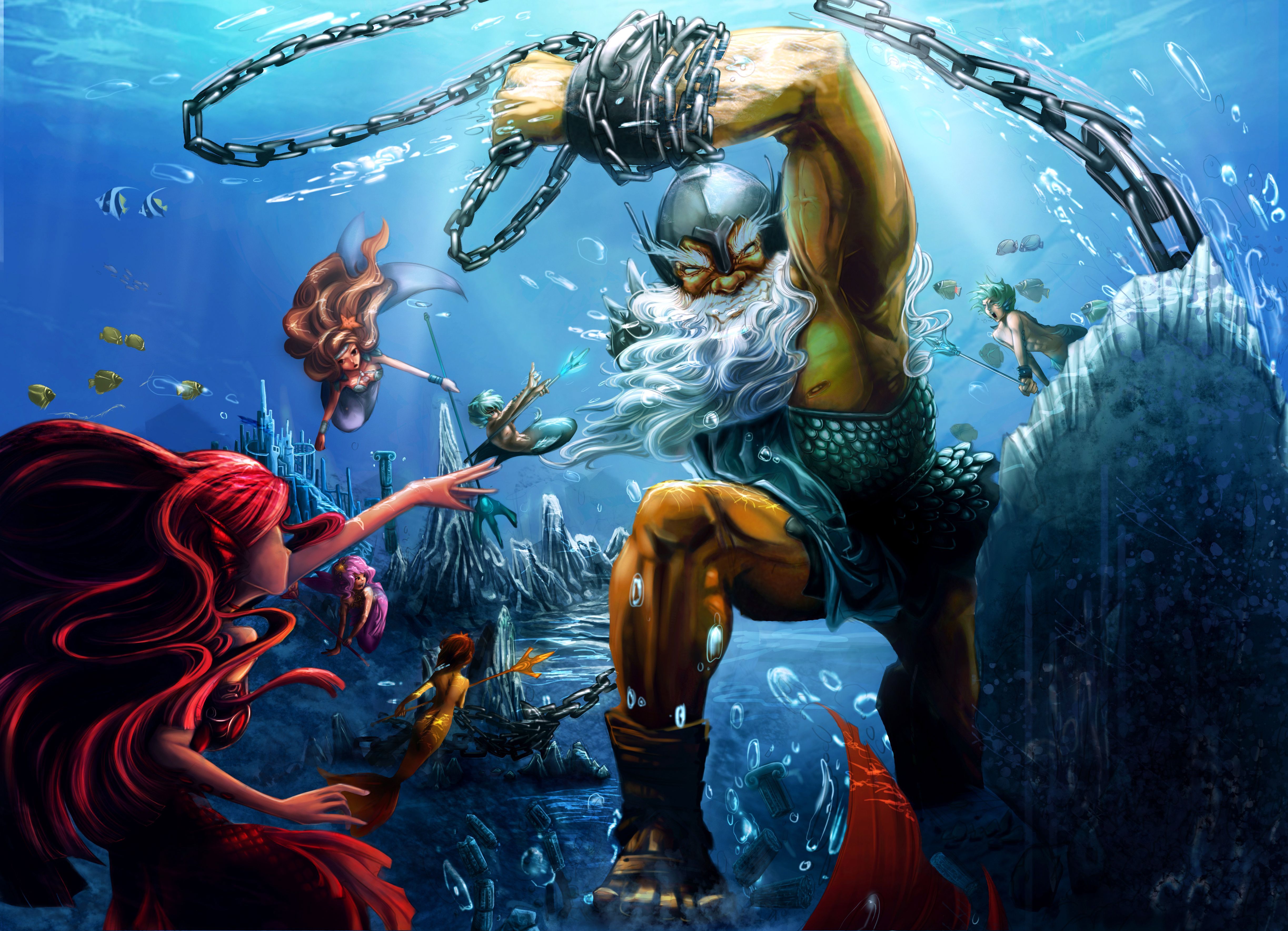 Fantasy art mermaids babes warriors weapons chain underwater battle ocean wallpaperx3535