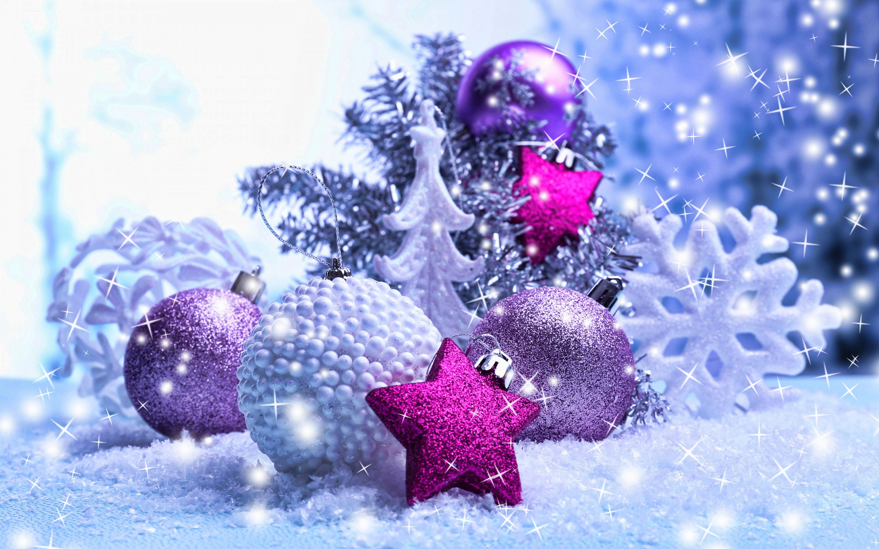Download wallpaper Purple Xmas balls, xmas decorations, snowflakes, Merry Christmas, Happy New year, Christmas for desktop with resolution 2880x1800. High Quality HD picture wallpaper