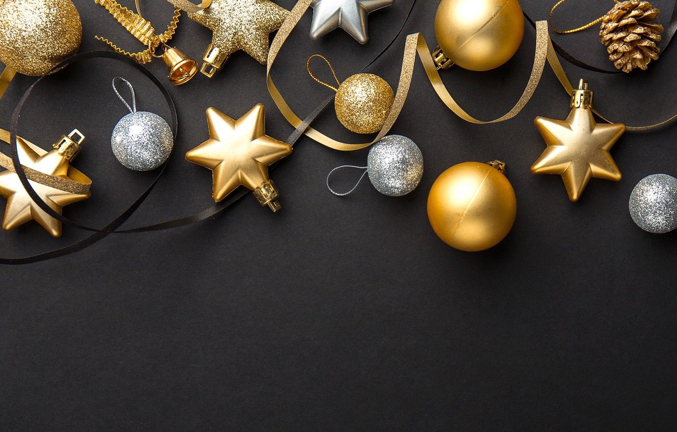 Wallpaper decoration, gold, balls, New Year, Christmas, golden, black background, black, Christmas, balls, background, New Year, decoration, Merry image for desktop, section новый год