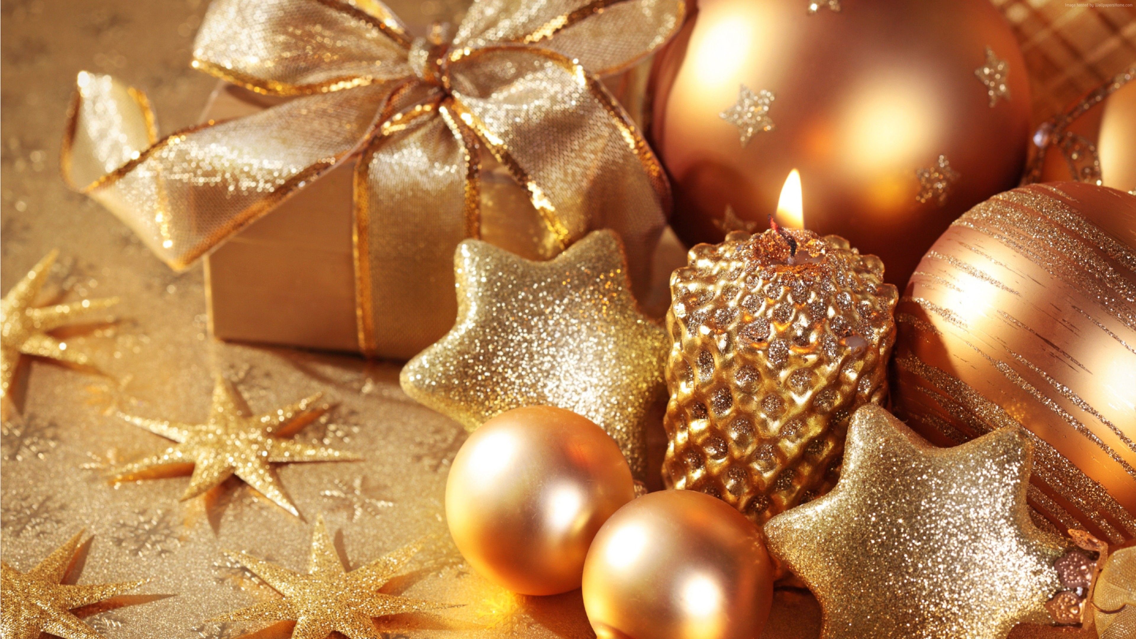 Wallpaper Christmas, New Year, star, candle, gift, balls, gold, decorations, Holidays Wallpaper Download Resolution 4K Wallpaper