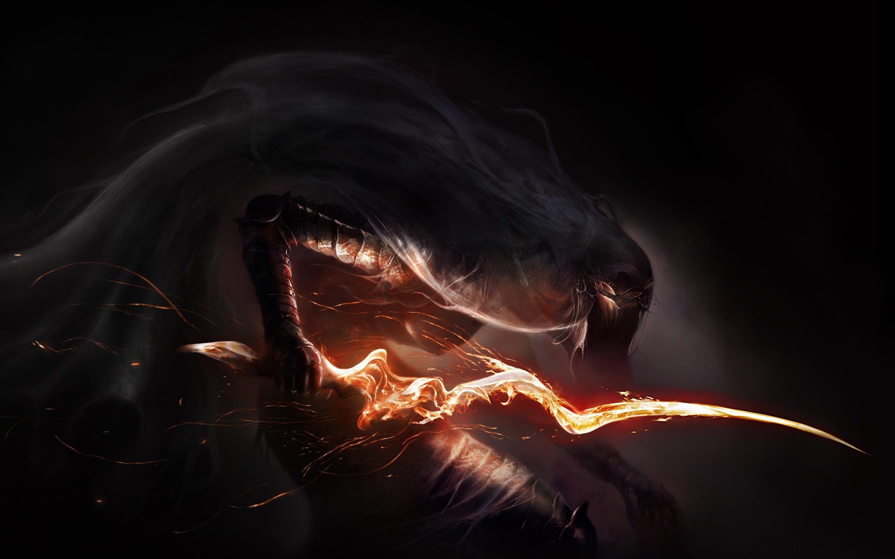 Download wallpaper Dark Souls fire sword, monster for desktop with resolution 2880x1800. High Quality HD picture wallpaper