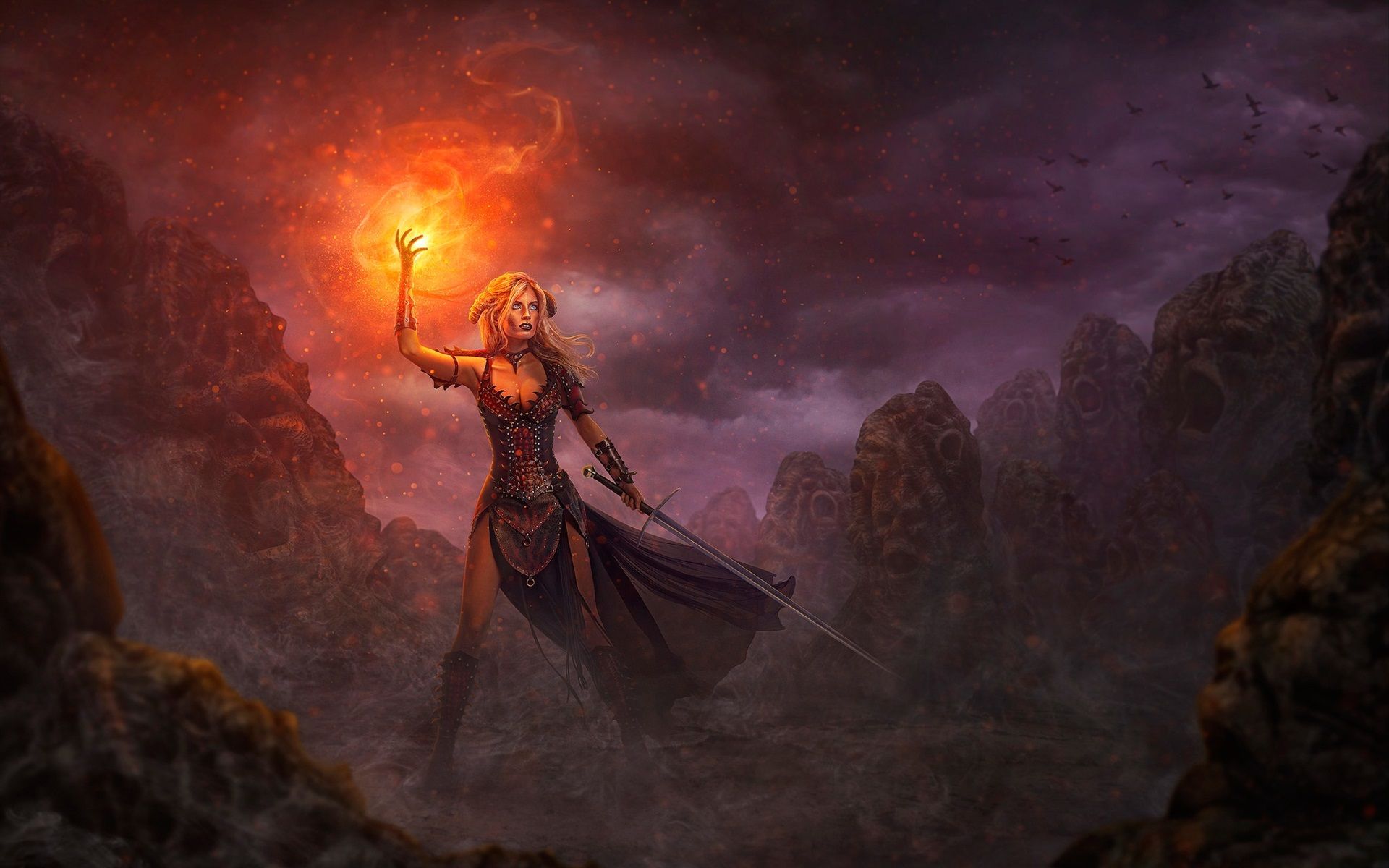 Wallpaper Fantasy girl, fire, sword, magic, art picture 1920x1200 HD Picture, Image