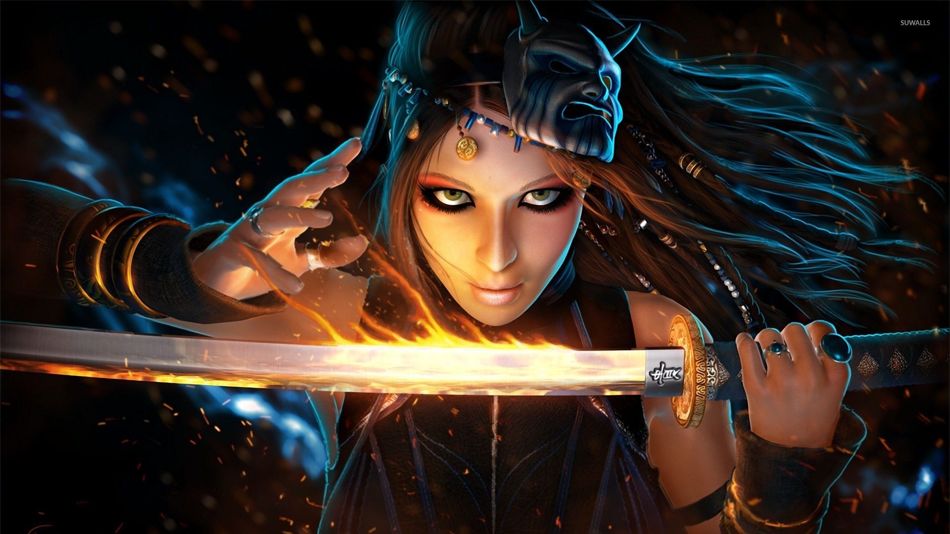 Woman with her flaming sword wallpaper wallpaper