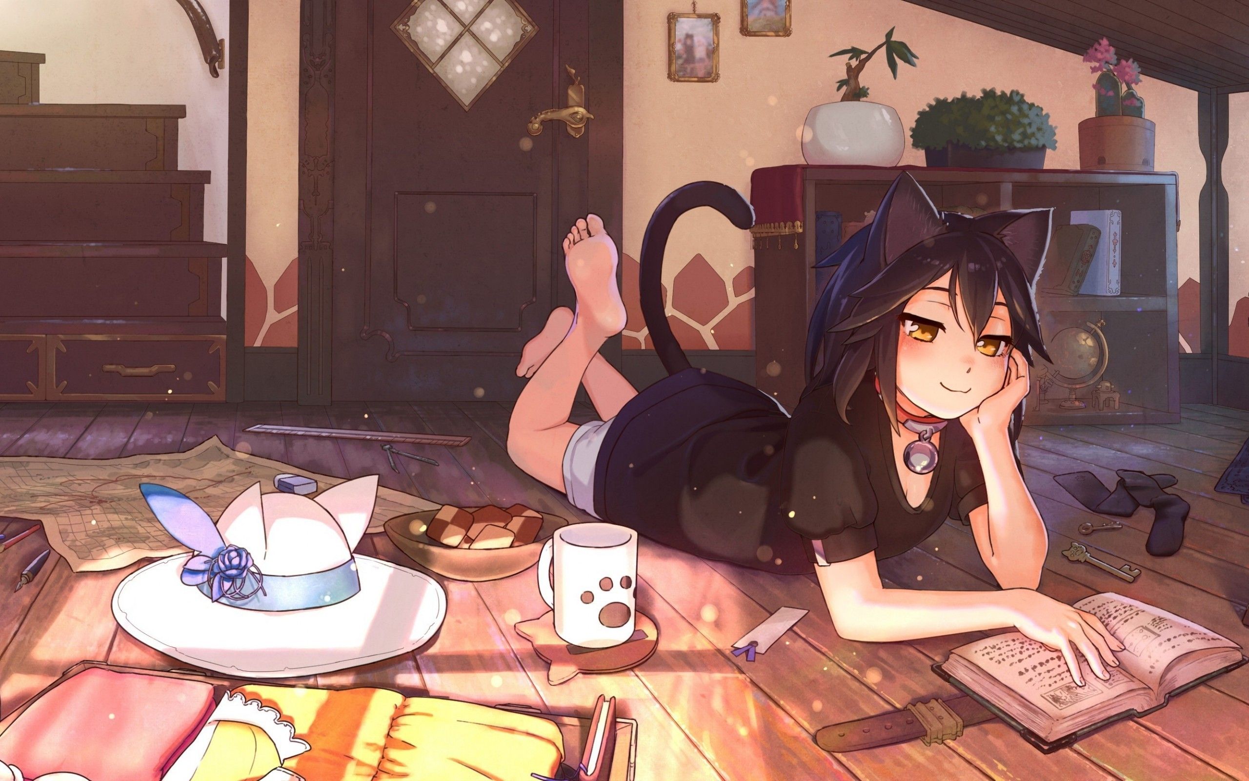 Anime Girl, Lying Down, Animal Ears, Reading A Book, Cat Girl Reading HD Wallpaper