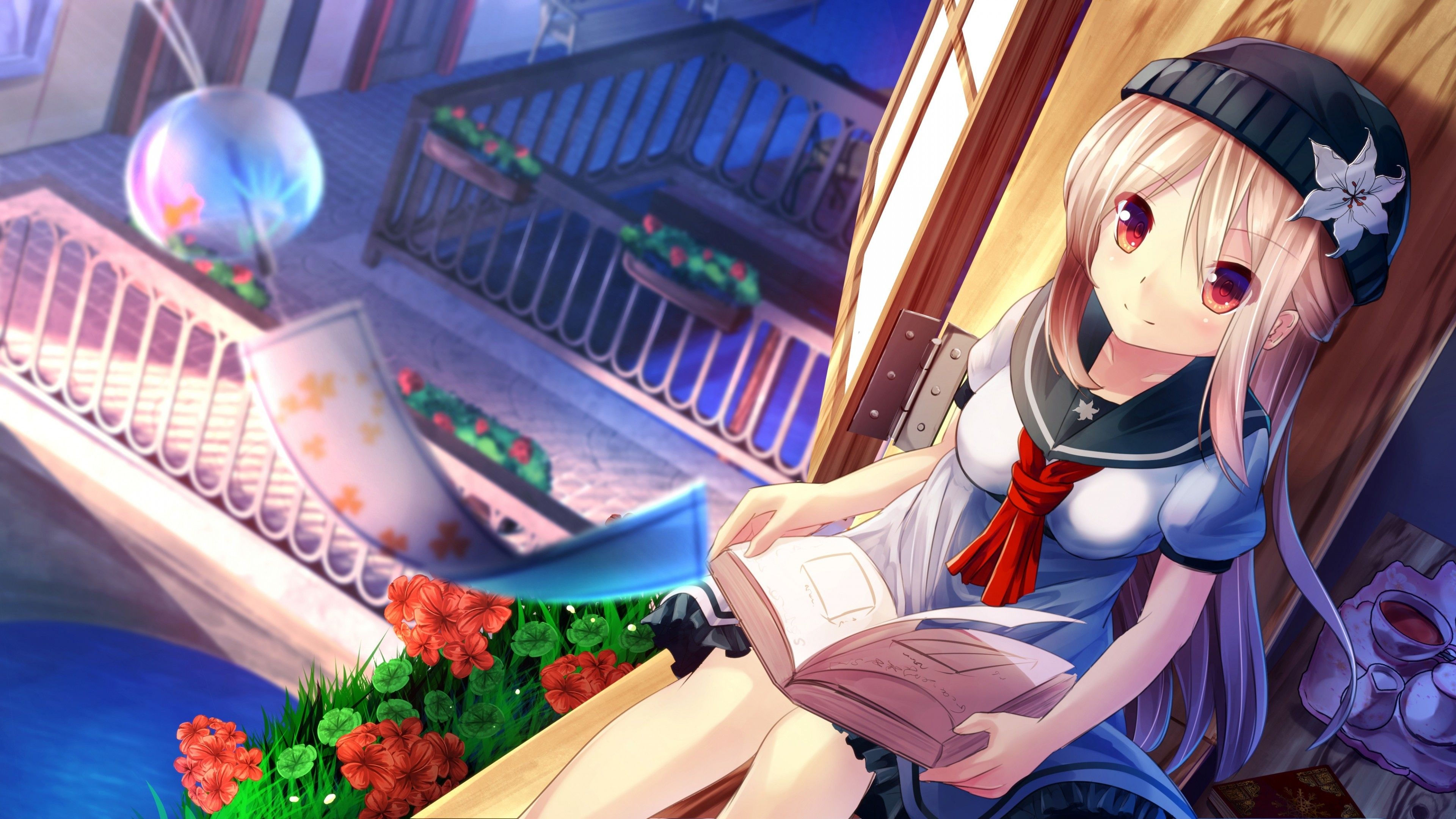 Download 3840x2160 Anime Girl, Sitting, Reading A Book, School Uniform, Wind Wallpaper for UHD TV