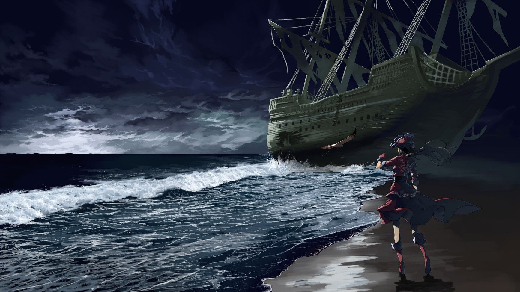 beach, night, birds, ships, pirates, scenic, artwork, anime girls wallpaper