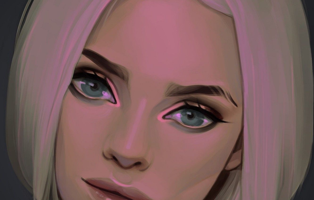 Wallpaper face, blonde, blue eyes, grey background, art, Tricia Loren image for desktop, section живопись