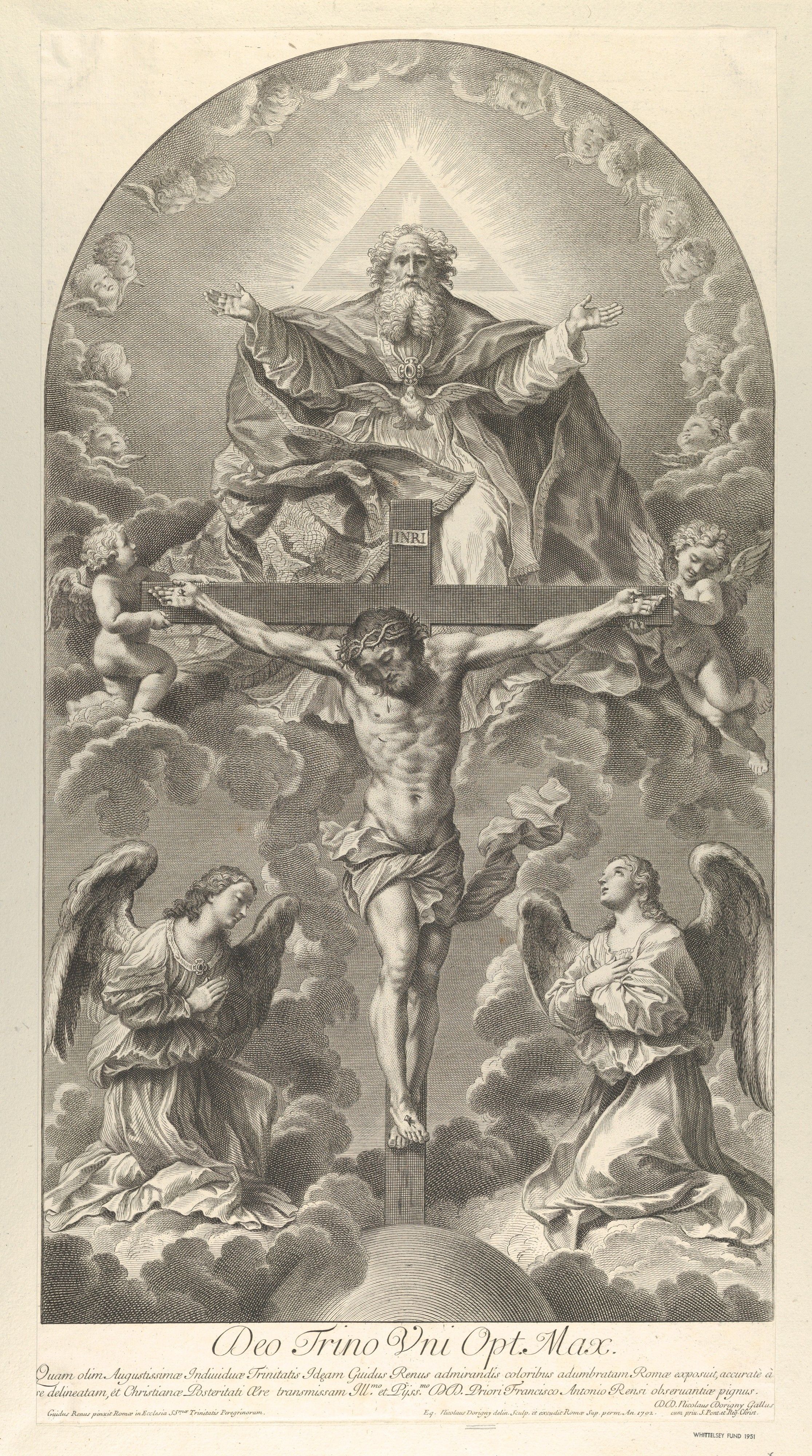 Sir Nicolas Dorigny. The Holy Trinity; Christ on the cross flanked by two angels, the Holy Spirit as a dove and God in heaven above the cross, a rectangular composition with