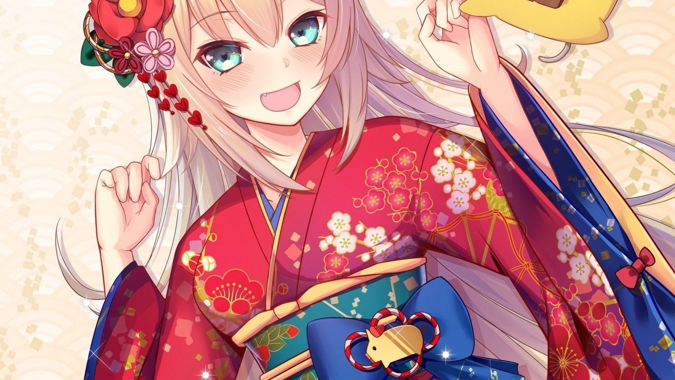 Download 1366x768 Akai Haato, Hololive, Kimono, Lying Down, Animal Ears, Virtual Youtuber, Smiling Wallpaper for Laptop, Notebook