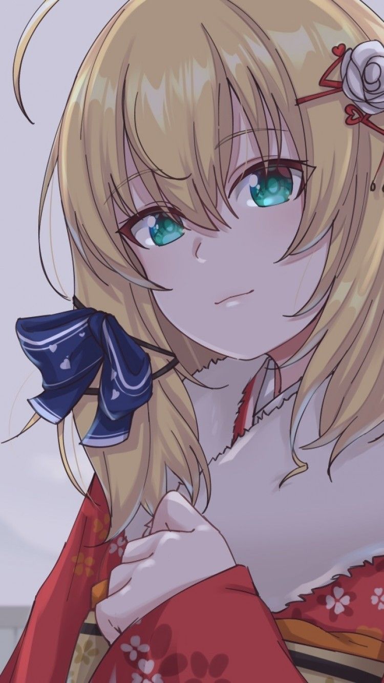 Download 750x1334 Akai Haato, Hololive, Blonde, Virtual Youtuber, Ribbon, Kimono, Winter Wallpaper for iPhone 7, iPhone 6