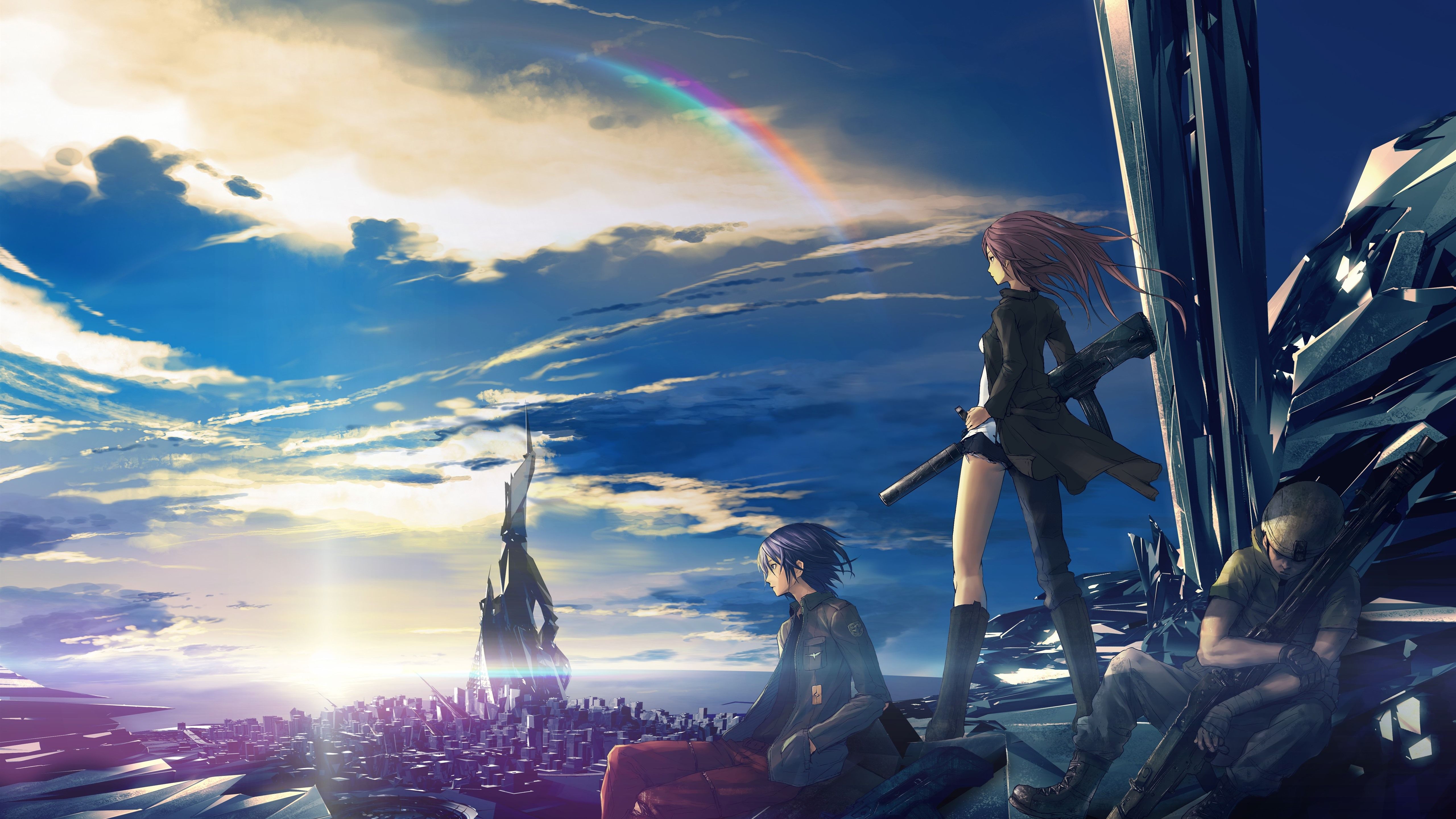 Wallpaper Anime girl and boy, future city, rainbow 5120x2880 UHD 5K Picture, Image