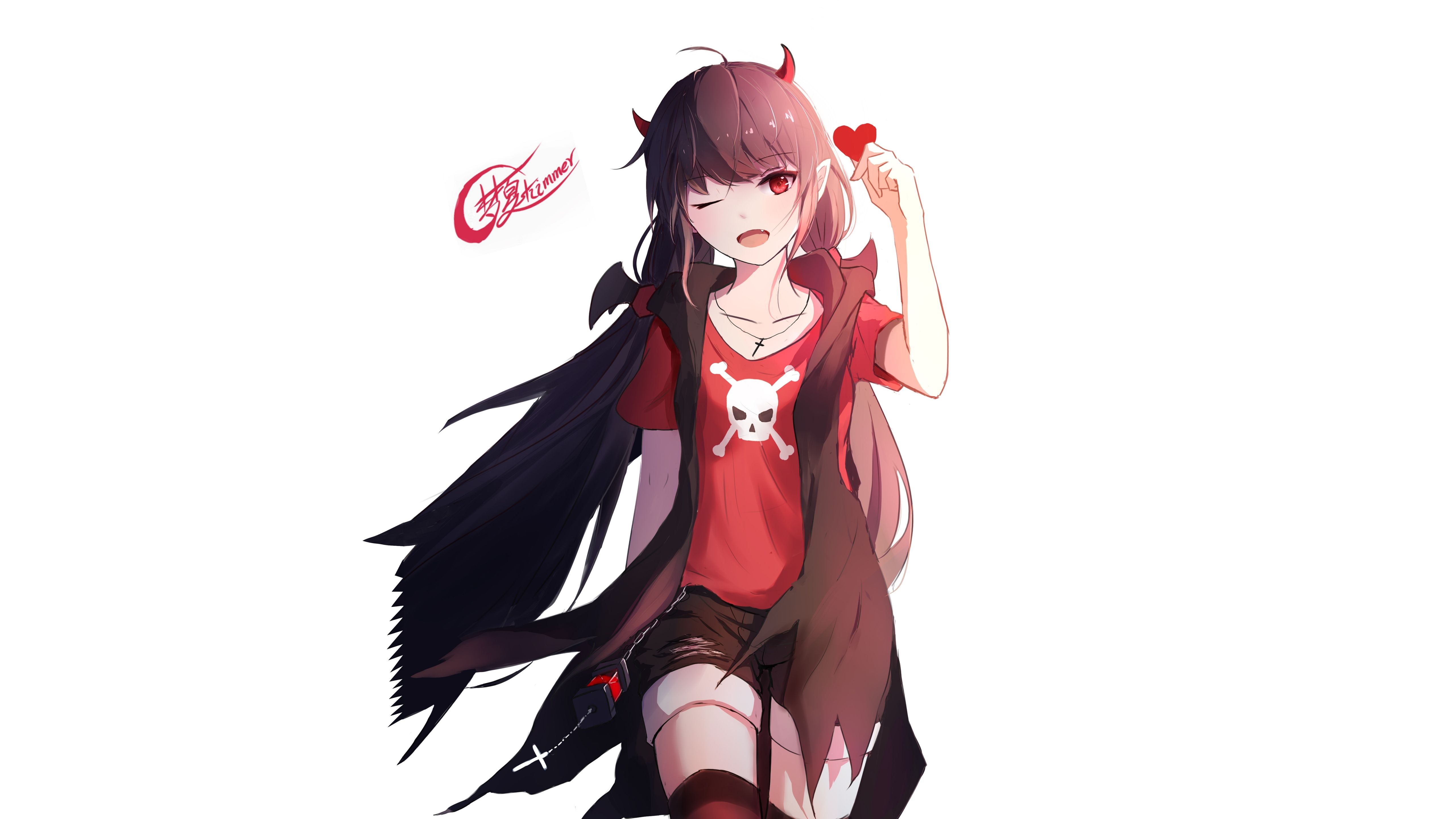 Download 5120x2880 wallpaper beautiful, red eyes, devil, wink, anime girl, artwork, 5k image, background, 10537